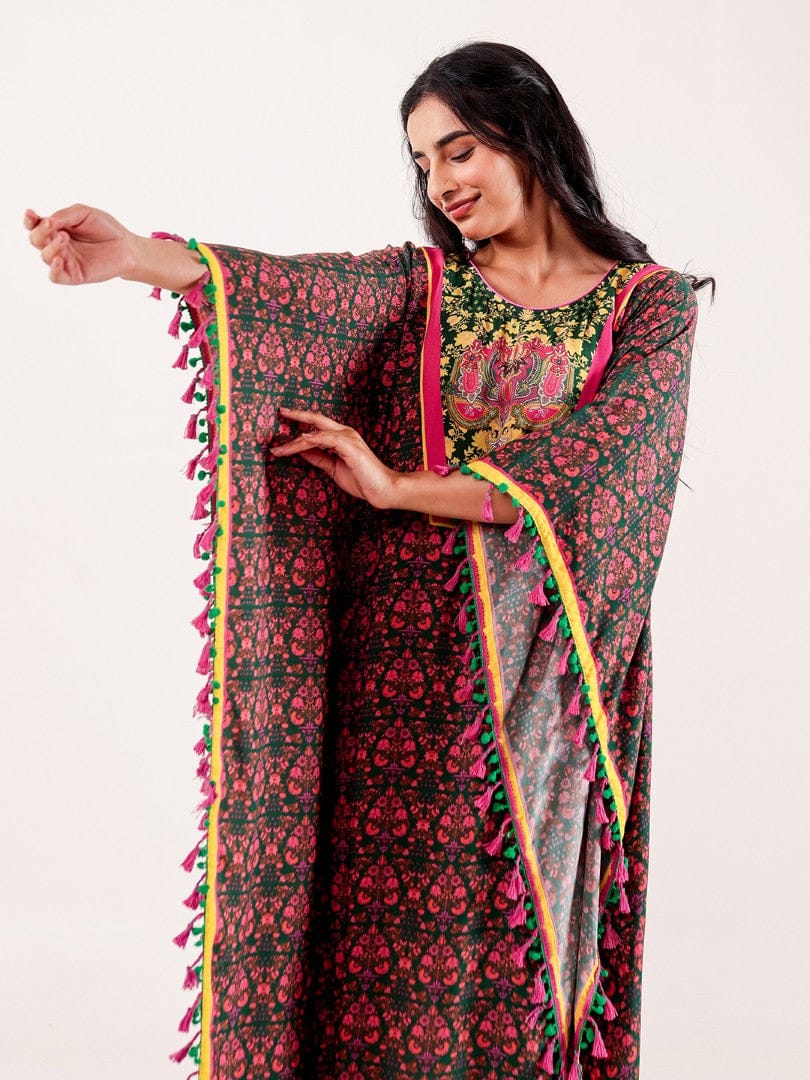 Green & Pink Ornate Printed Modal Kaftan - Image 5