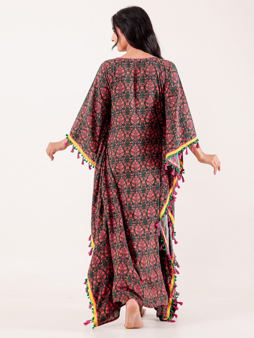 Green & Pink Ornate Printed Modal Kaftan - Image 7