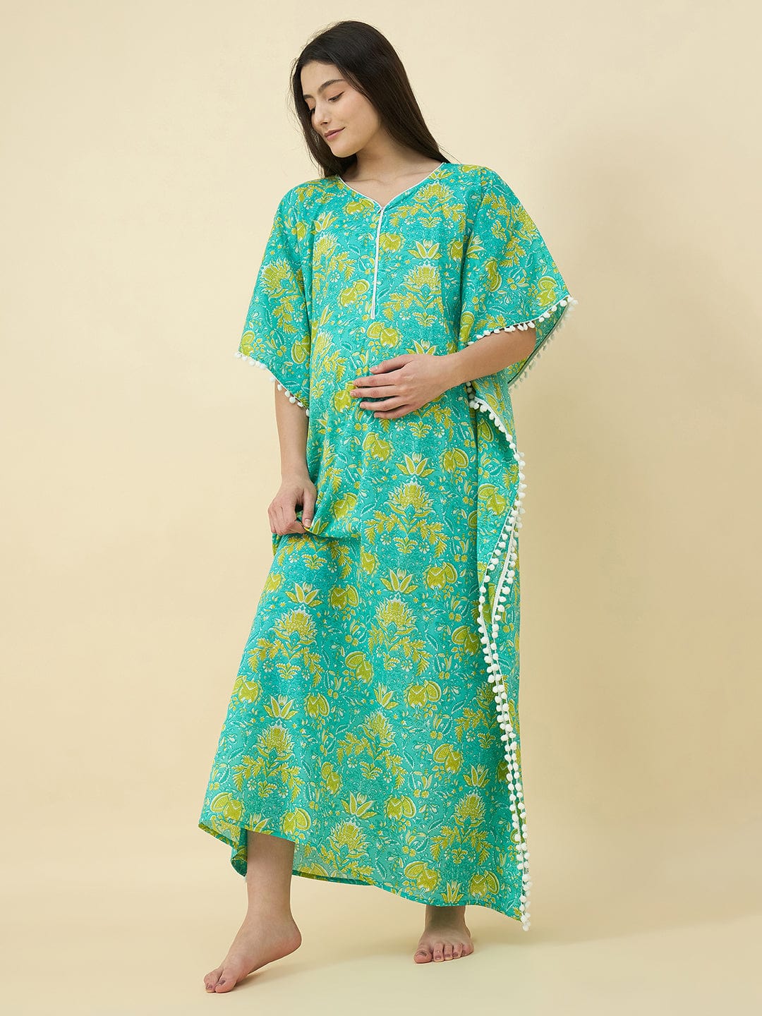Green Printed Cotton Maternity Kaftan with Feeding Zipper - Image 2