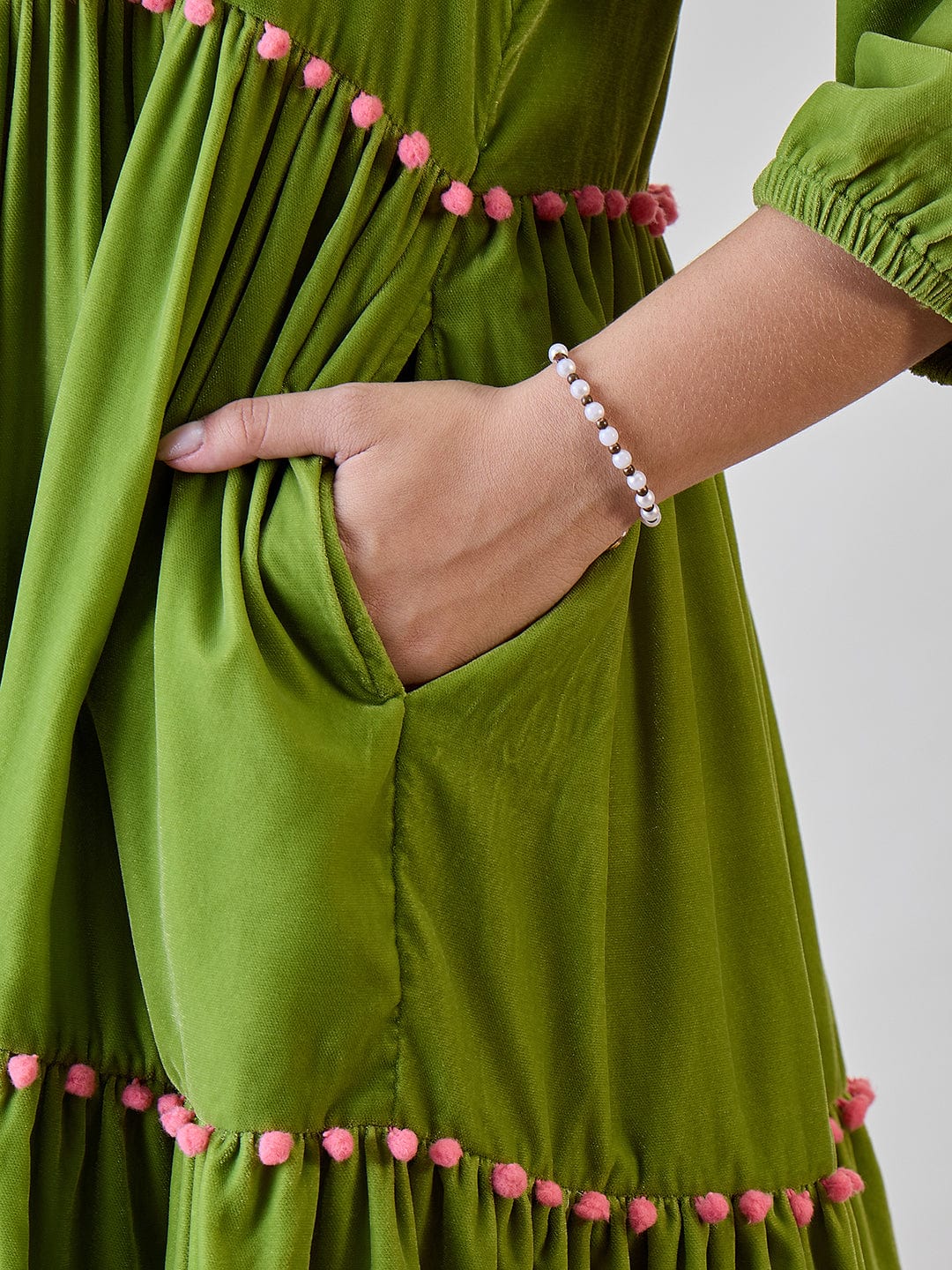 Green Solid Layered Velvet Pom Pom Highlighted Dress - Image 5