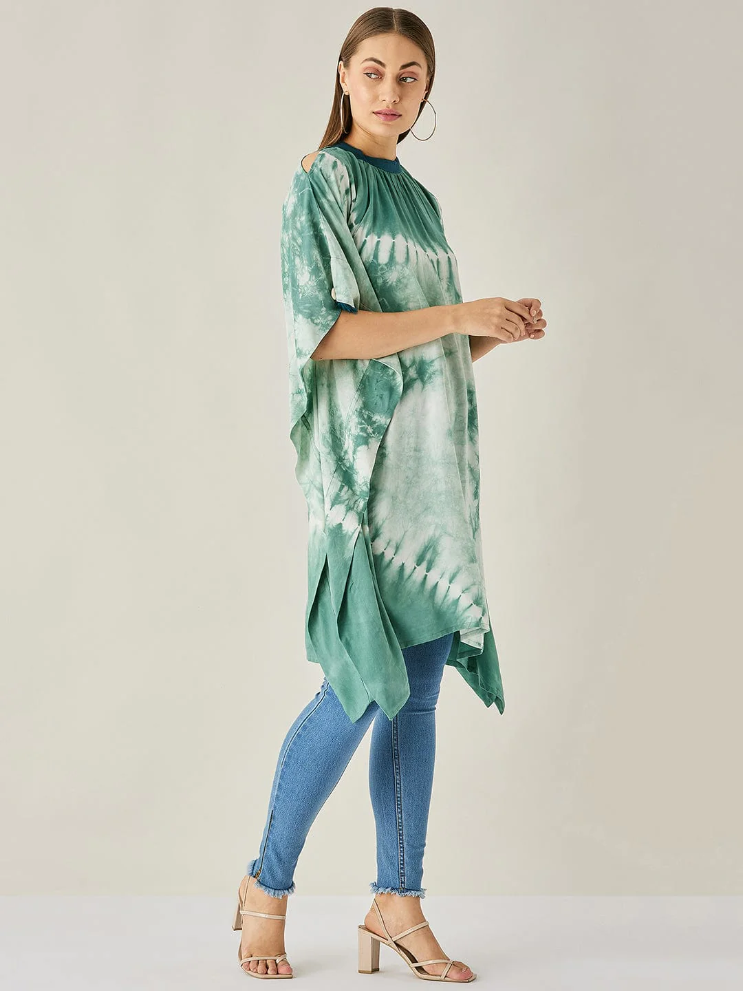 Green Tie Dye Cut Shoulder Kaftan Tunic - Image 4