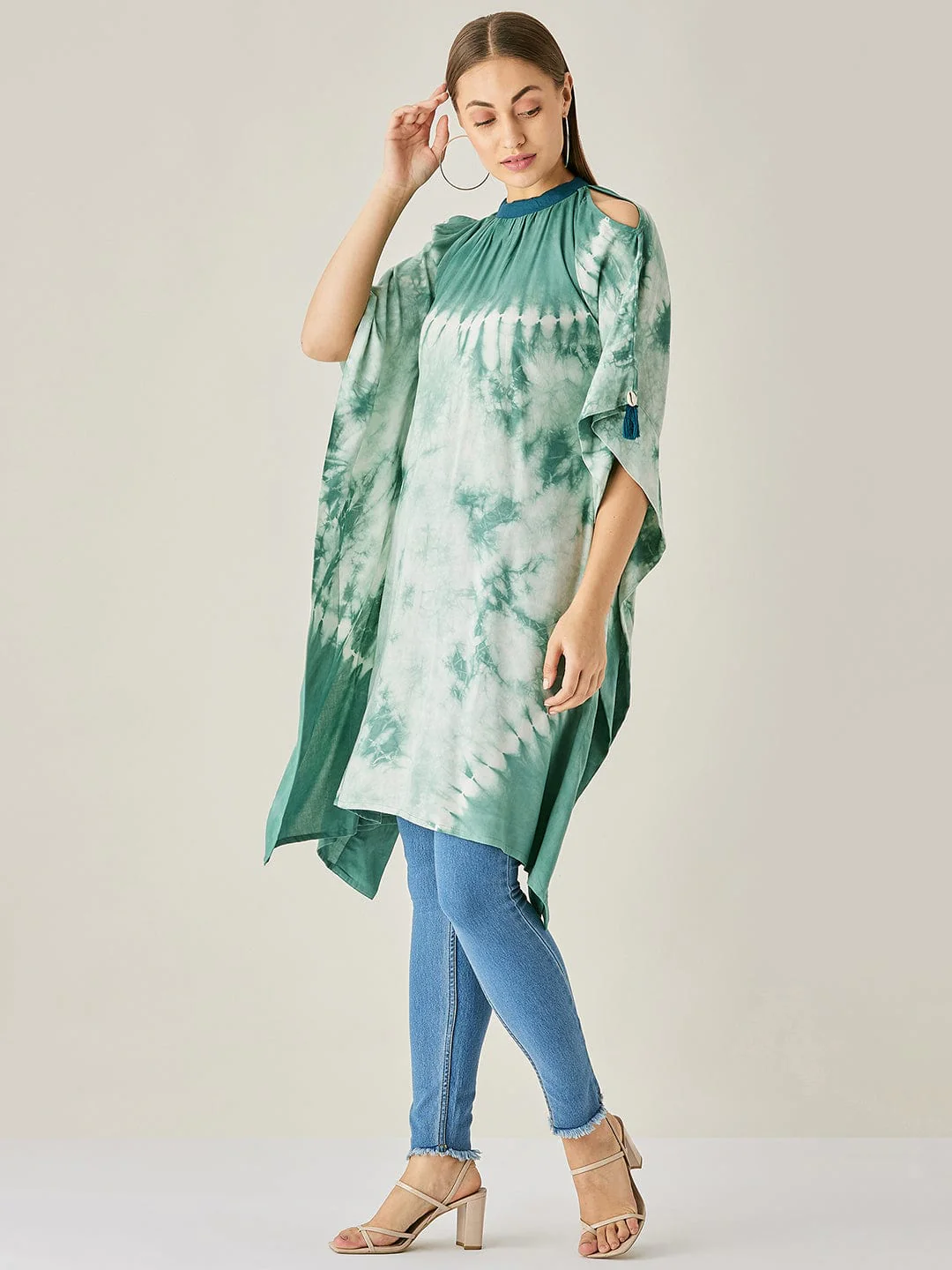 Green Tie Dye Cut Shoulder Kaftan Tunic - Image 5