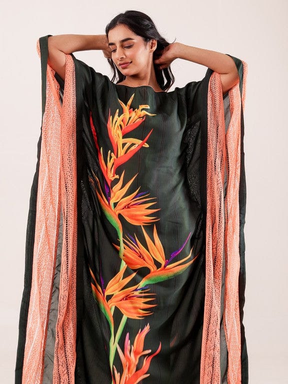 Green Tropical Bird-of-Paradise Printed Viscose Kaftan - Image 4