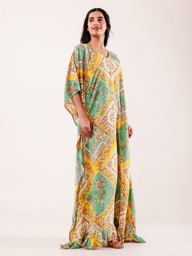 Green & Yellow Geometric Floral Printed Loungewear Kaftan - Image 2