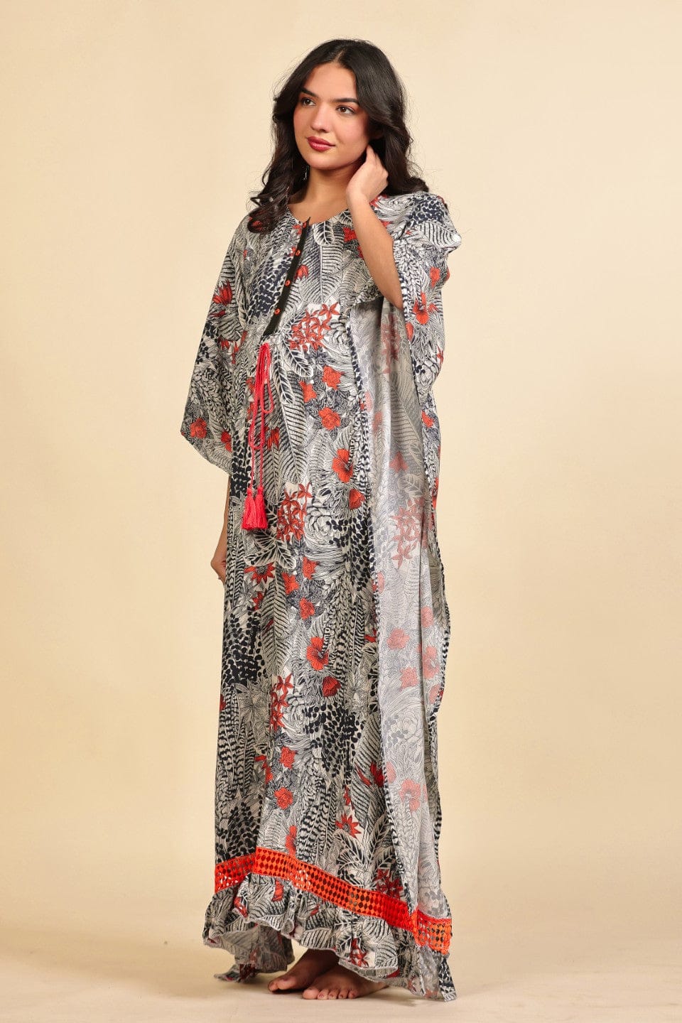 Grey and Red Tropical Foliage Print Viscose Maternity Kaftan - Image 6