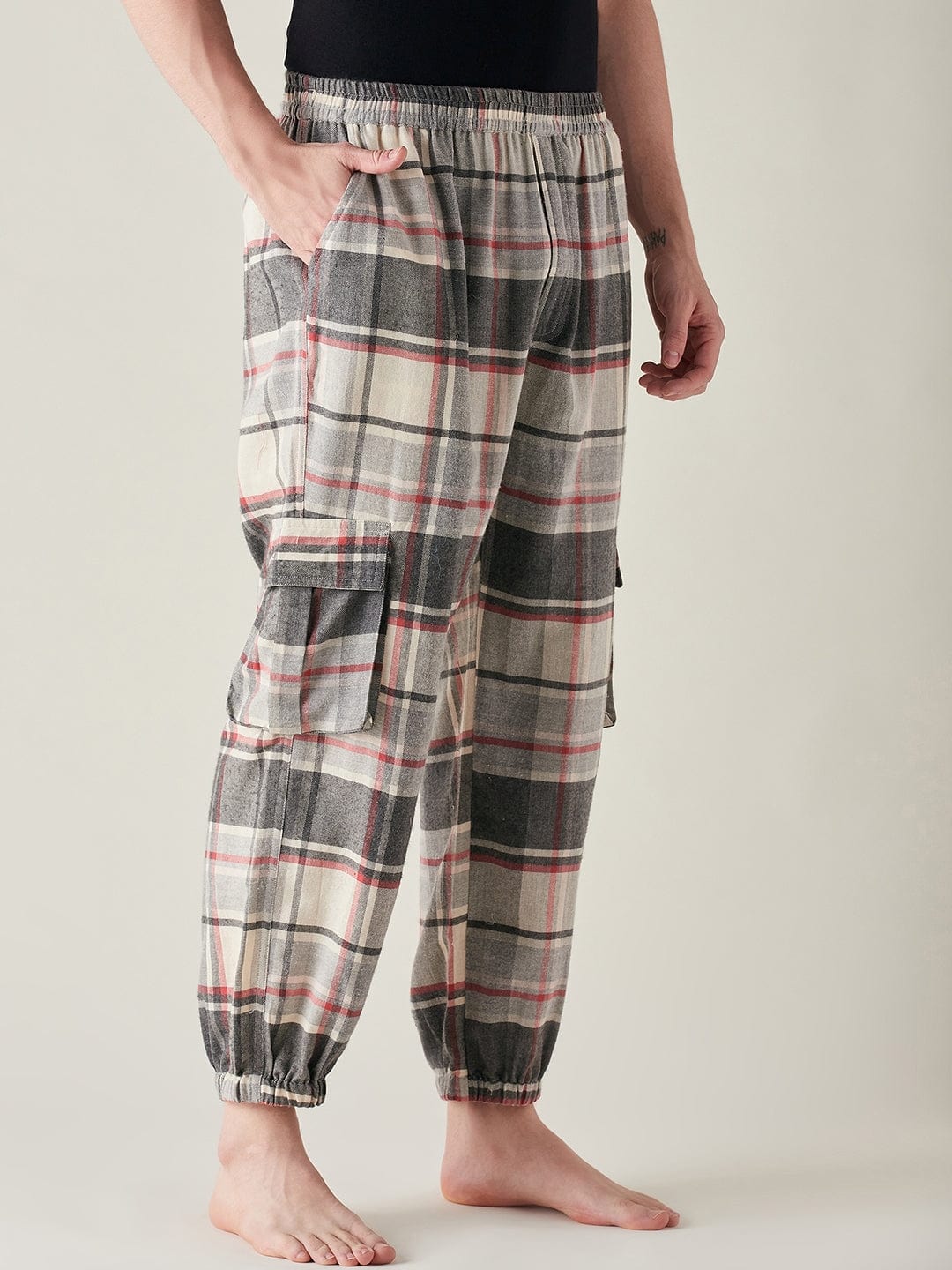 Mens Grey Brushed Cotton Plaid Joggers - Image 3