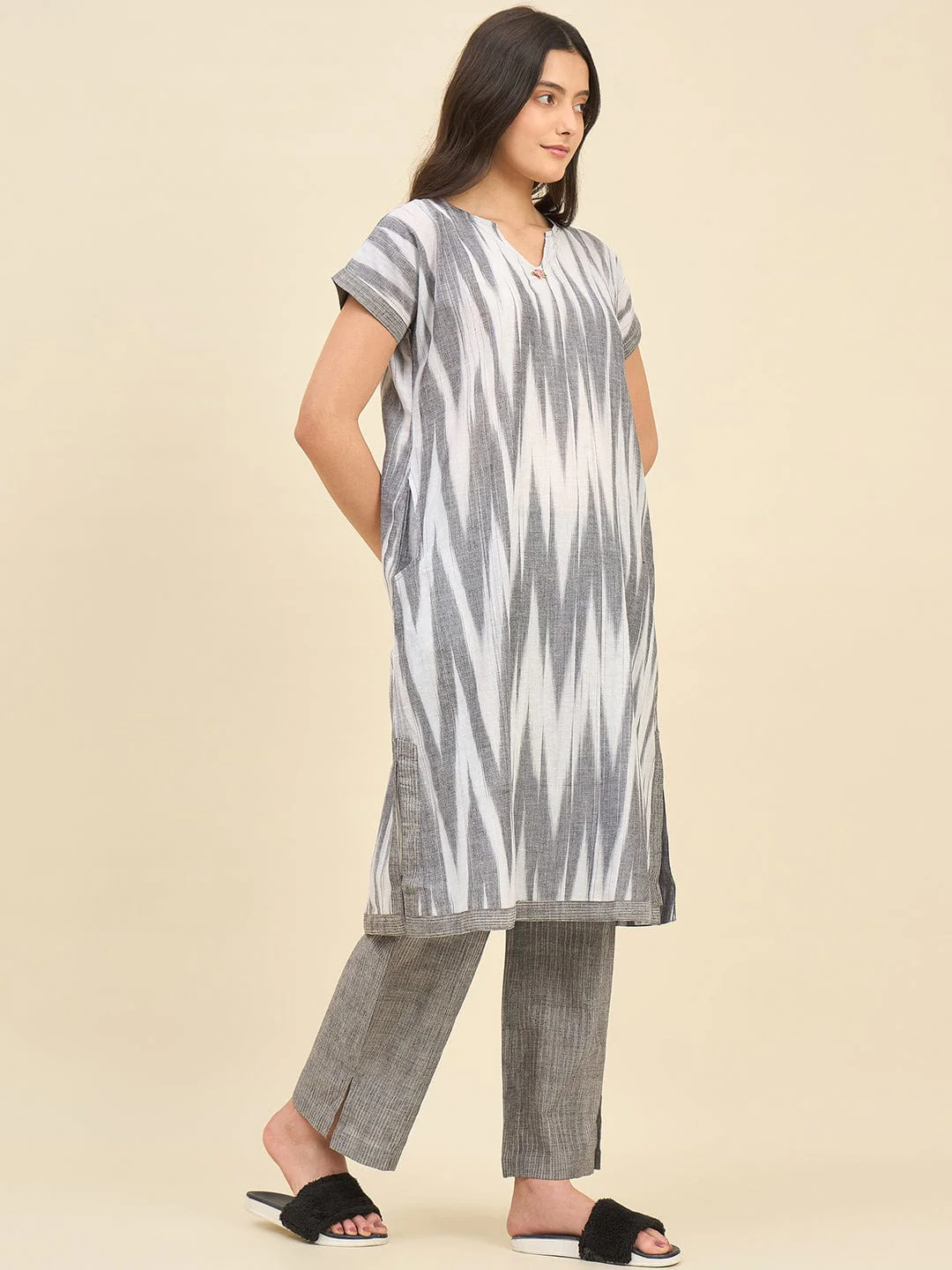 Grey Handloom Ikat Cotton Co-ord Set for Women – Relaxed Fit Kurta & Pyjama Set - Image 3