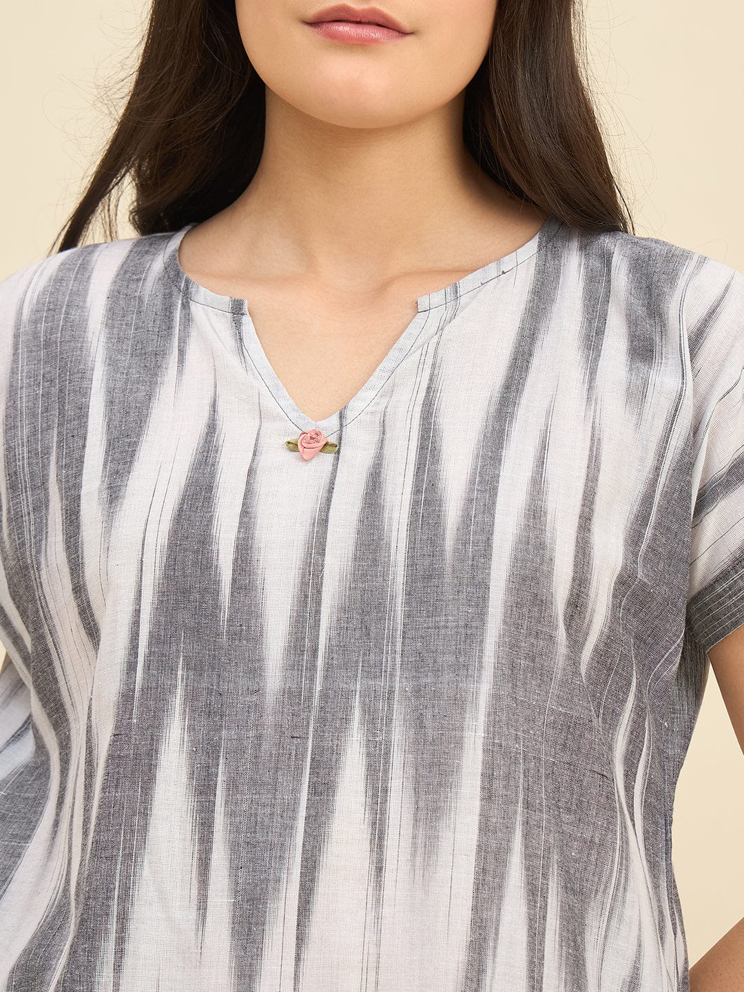 Grey Handloom Ikat Cotton Co-ord Set for Women – Relaxed Fit Kurta & Pyjama Set - Image 5