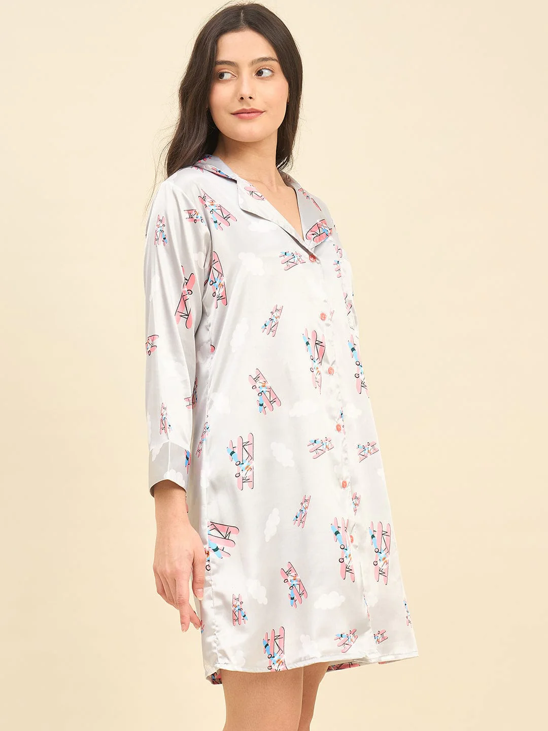 Grey Printed Satin Sleepshirt – Bridal Intimare Collection - Image 3