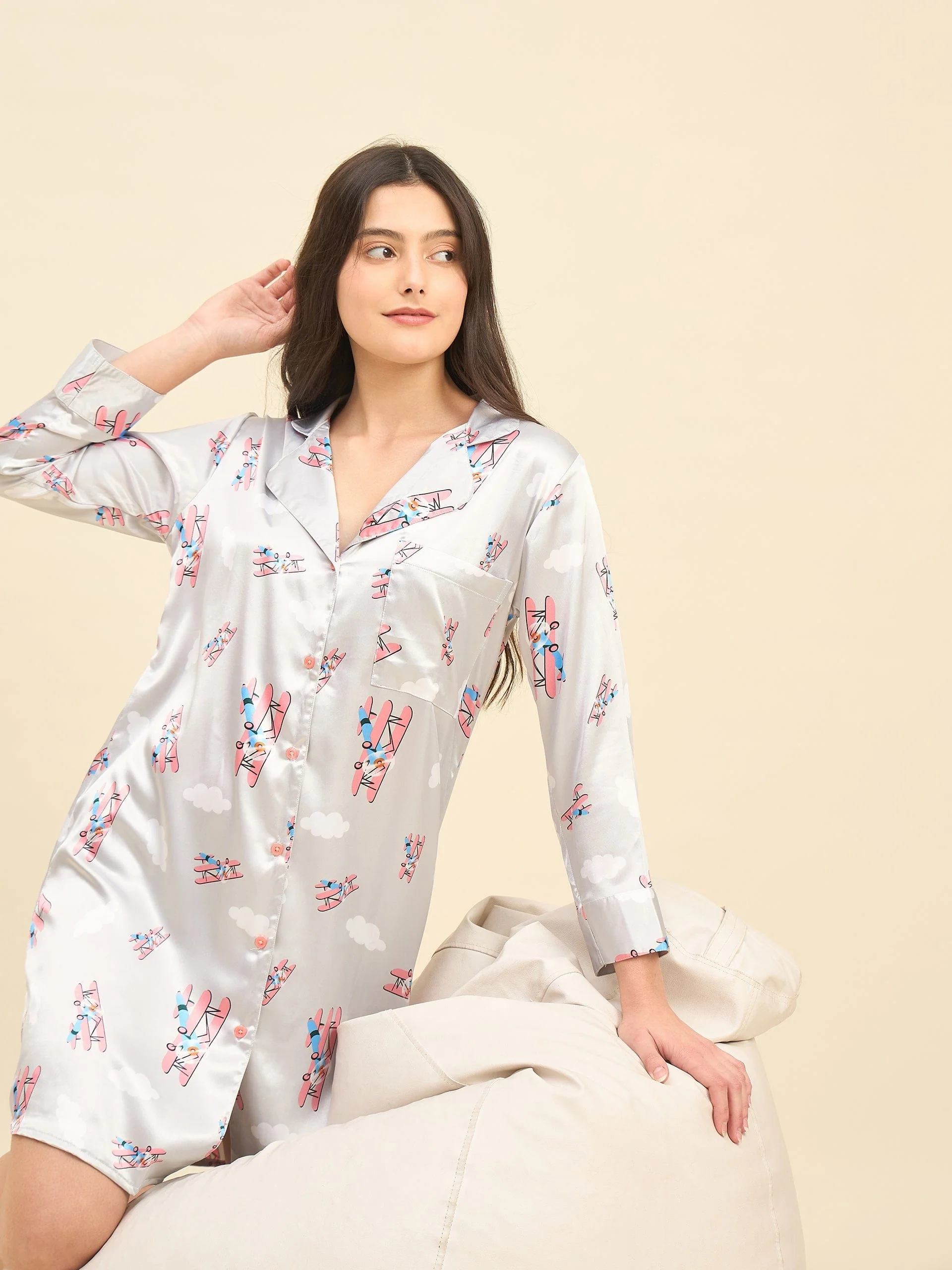 Grey Printed Satin Sleepshirt – Bridal Intimare Collection - Image 6