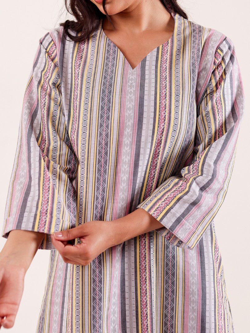 Grey Striped Printed Thick Cotton Nightdress - Image 5