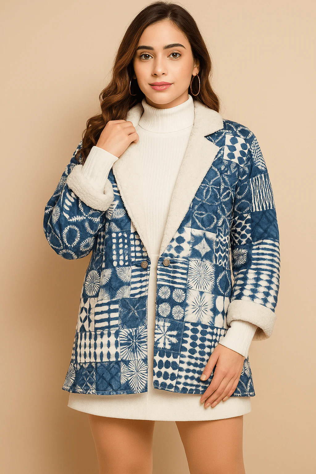 Indigo Aztec Patchwork Jacket with Fleece Lining - Image 4