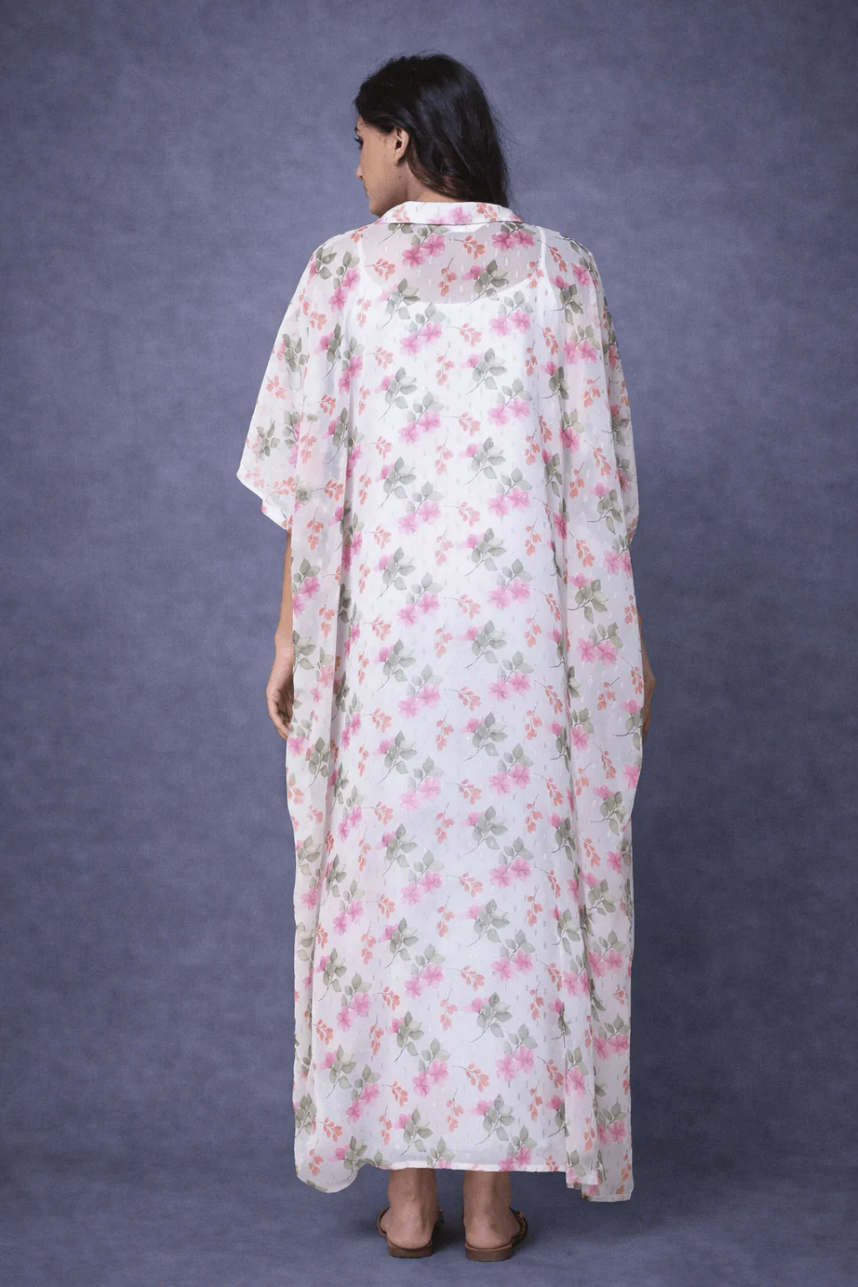 Ivory Floral Georgette Loungewear Kaftan with Crepe Slip - Image 3