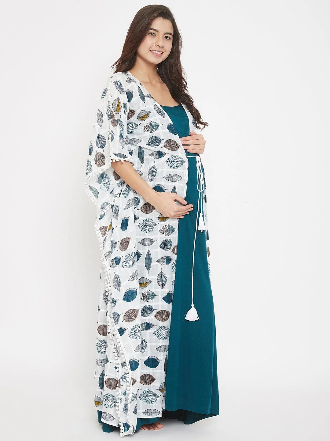 Leaves Printed Oriental Cotton Maternity Night Gown - (Clearance - Final Sale) - Image 3