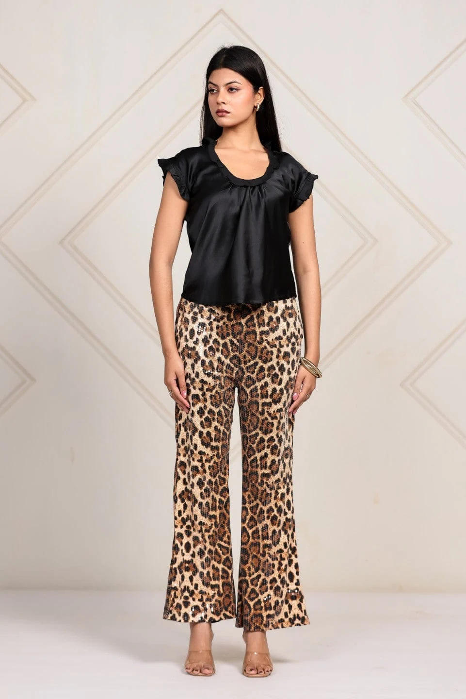 Leopard Print Sequined Wide-Leg Pants - Image 4