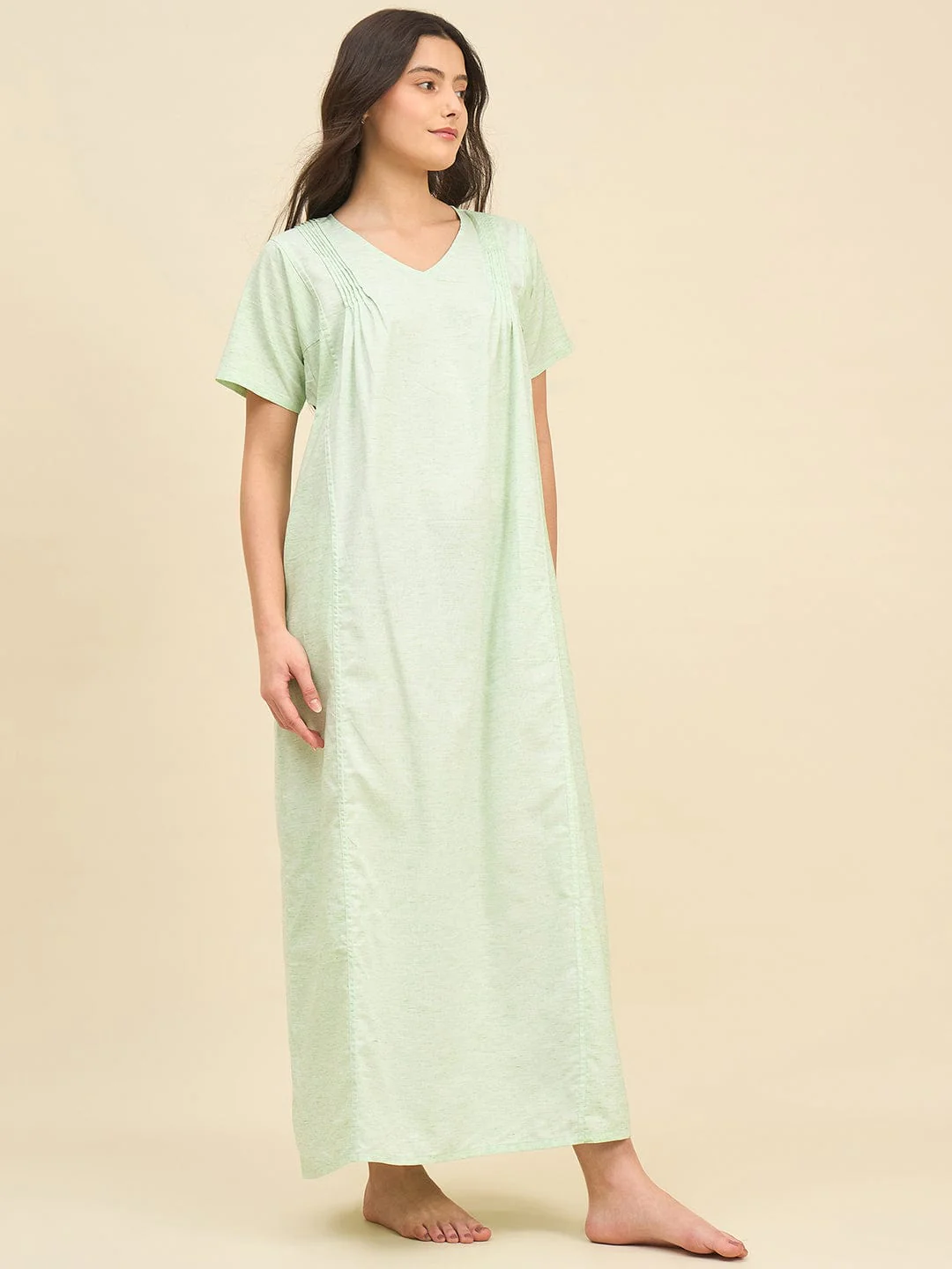 Light Green Cotton Viscose Blend Nightdress – Soft Pleated Yoke & Side Pockets - Image 3