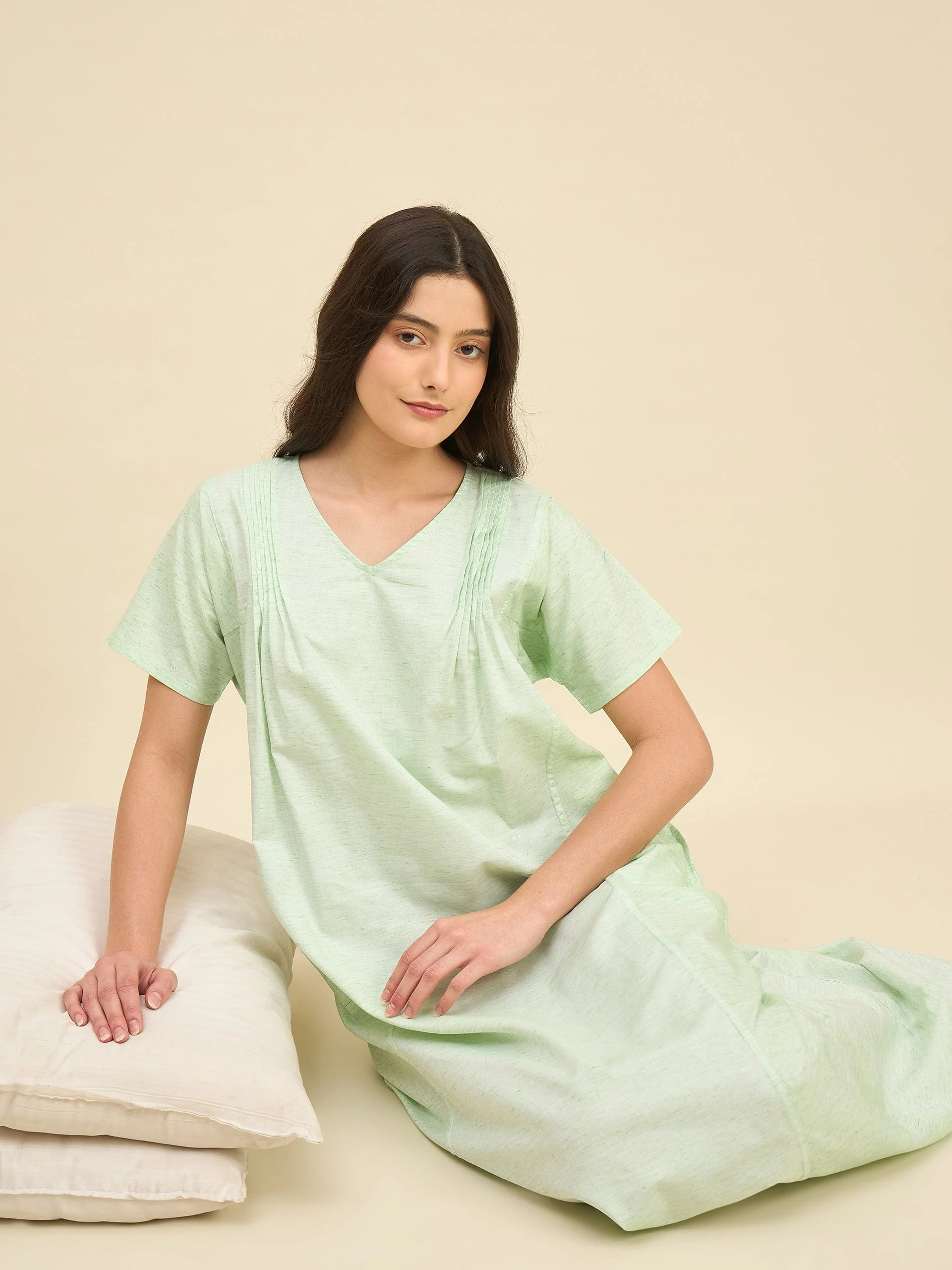 Light Green Cotton Viscose Blend Nightdress – Soft Pleated Yoke & Side Pockets - Image 6