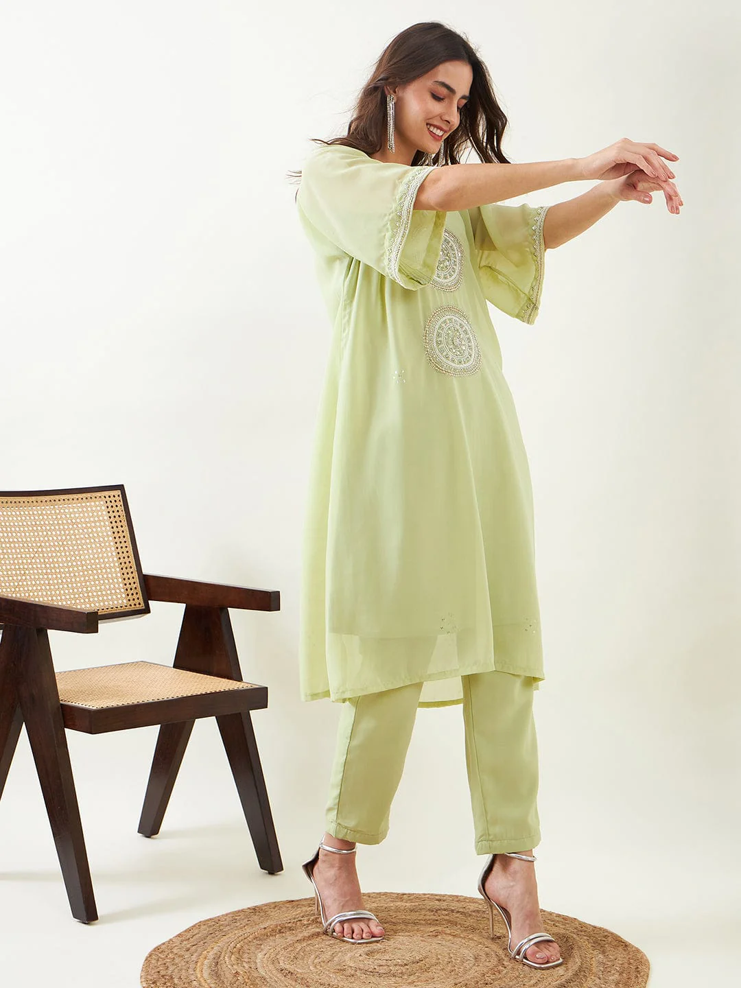 Light Green Hand Embroidred Party Kurta with Slip and Pants - Image 3
