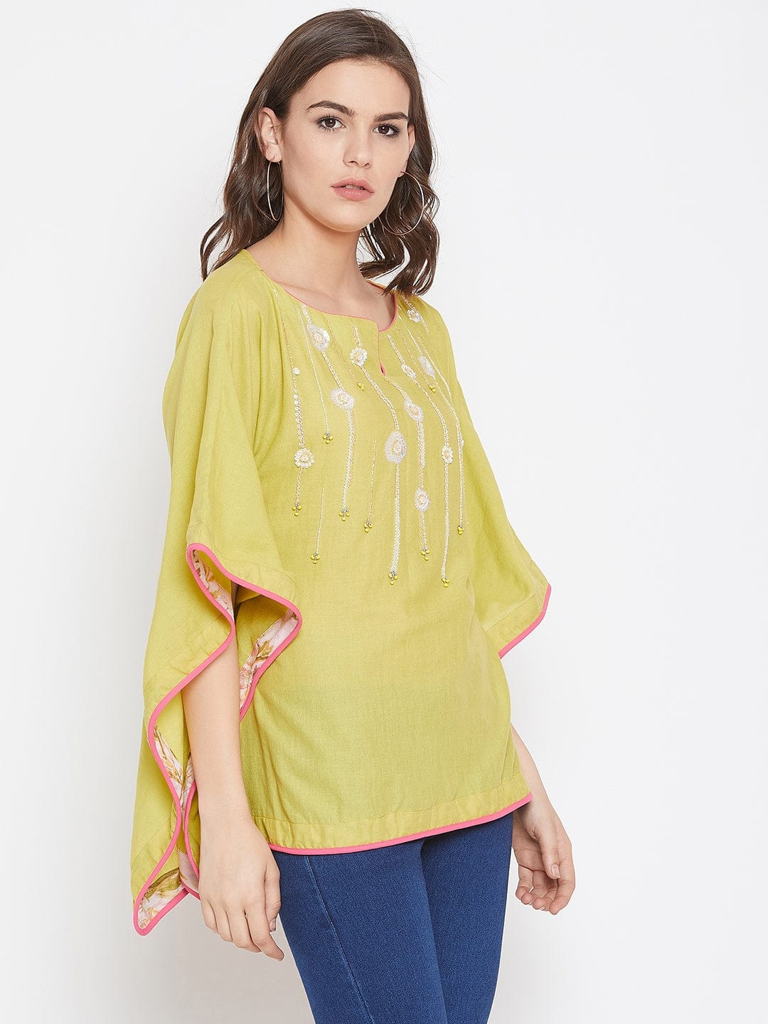 Lime Green Hand Embroidered Kaftan Top - (Clearance - Final Sale) - Image 3