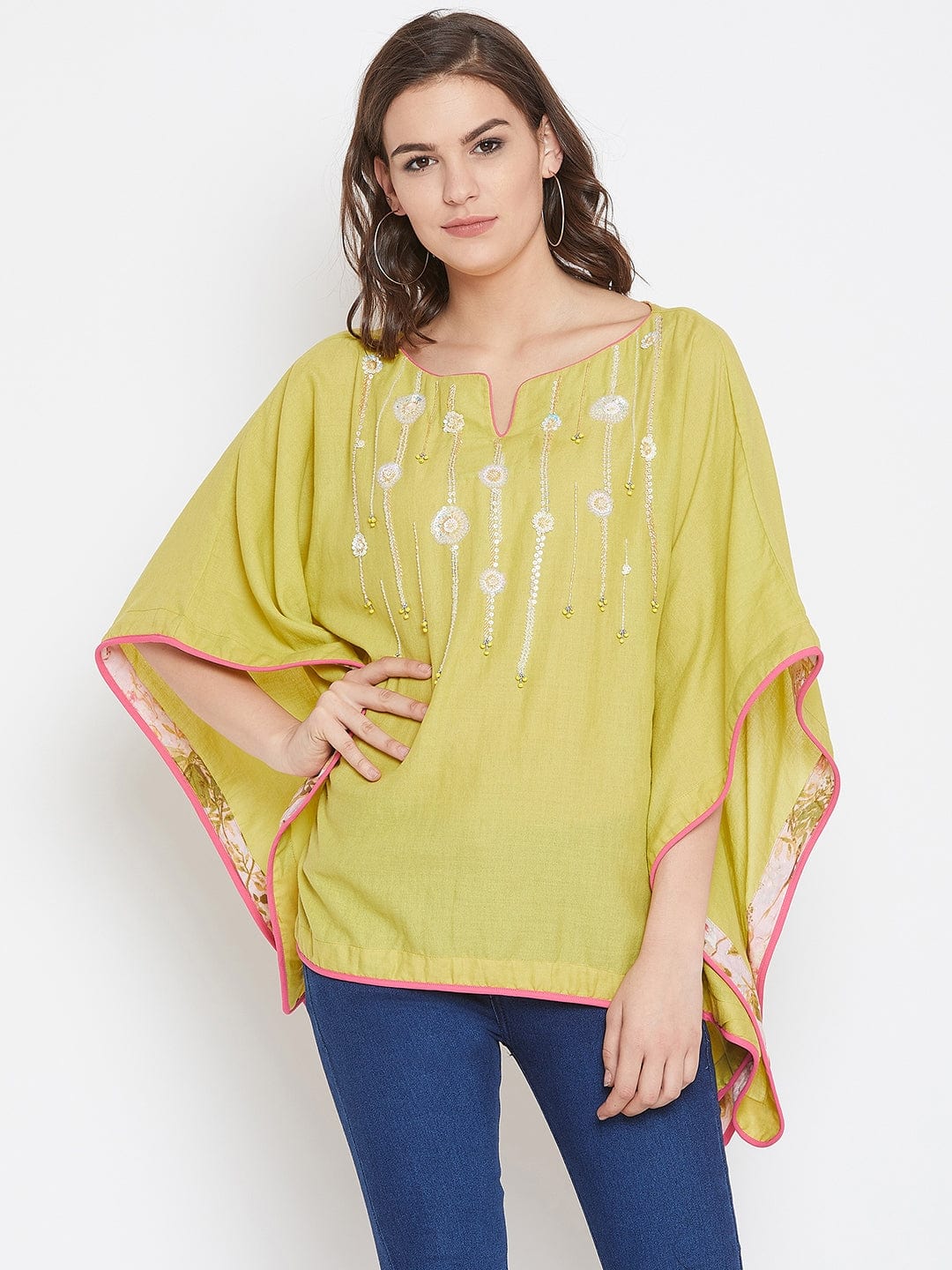Lime Green Hand Embroidered Kaftan Top - (Clearance - Final Sale) - Image 6