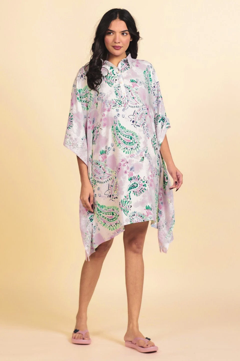 White Printed Viscose Rayon Kaftan Dress - Image 2
