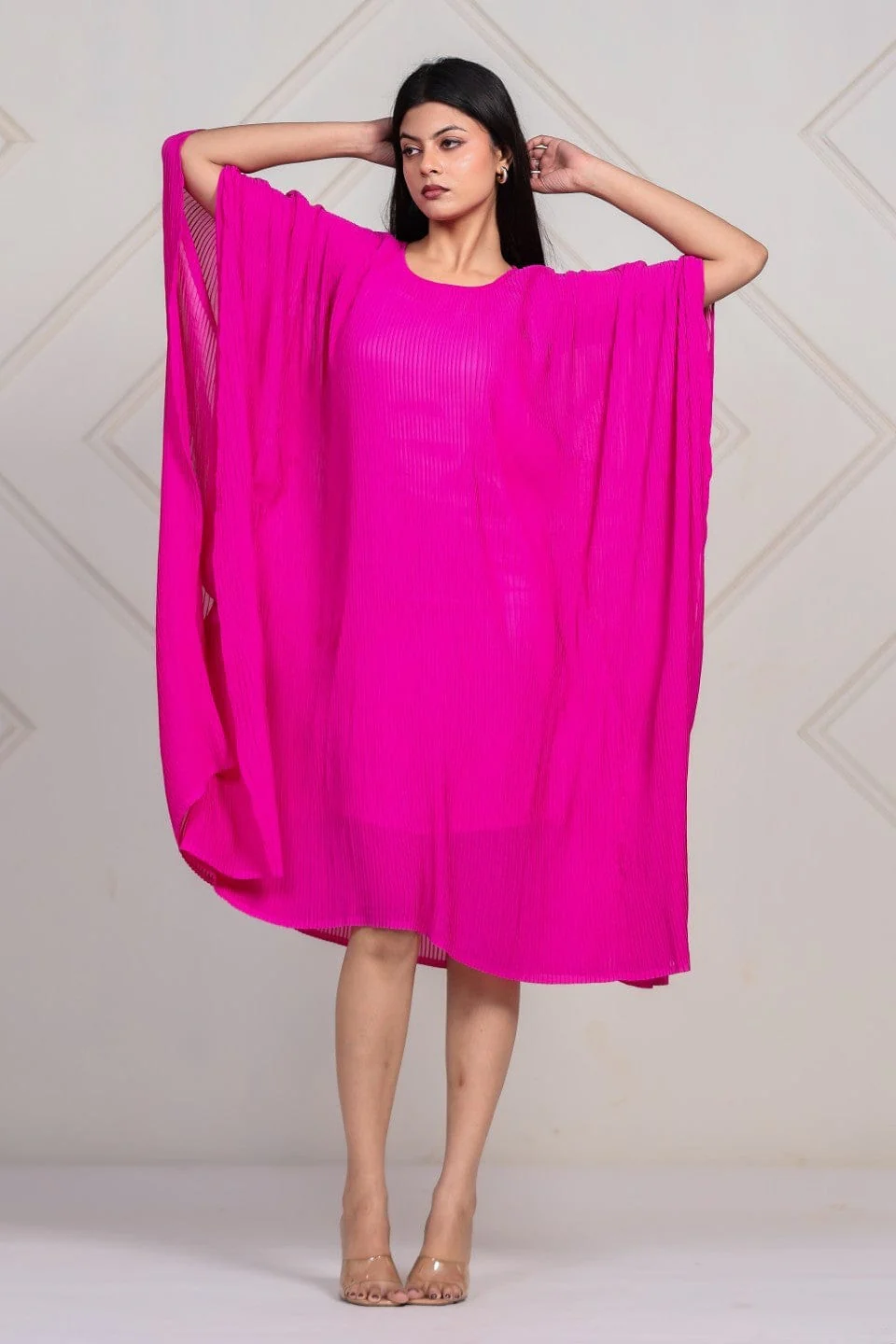 Magenta Pink Pleated Georgette Kaftan Dress - Image 2