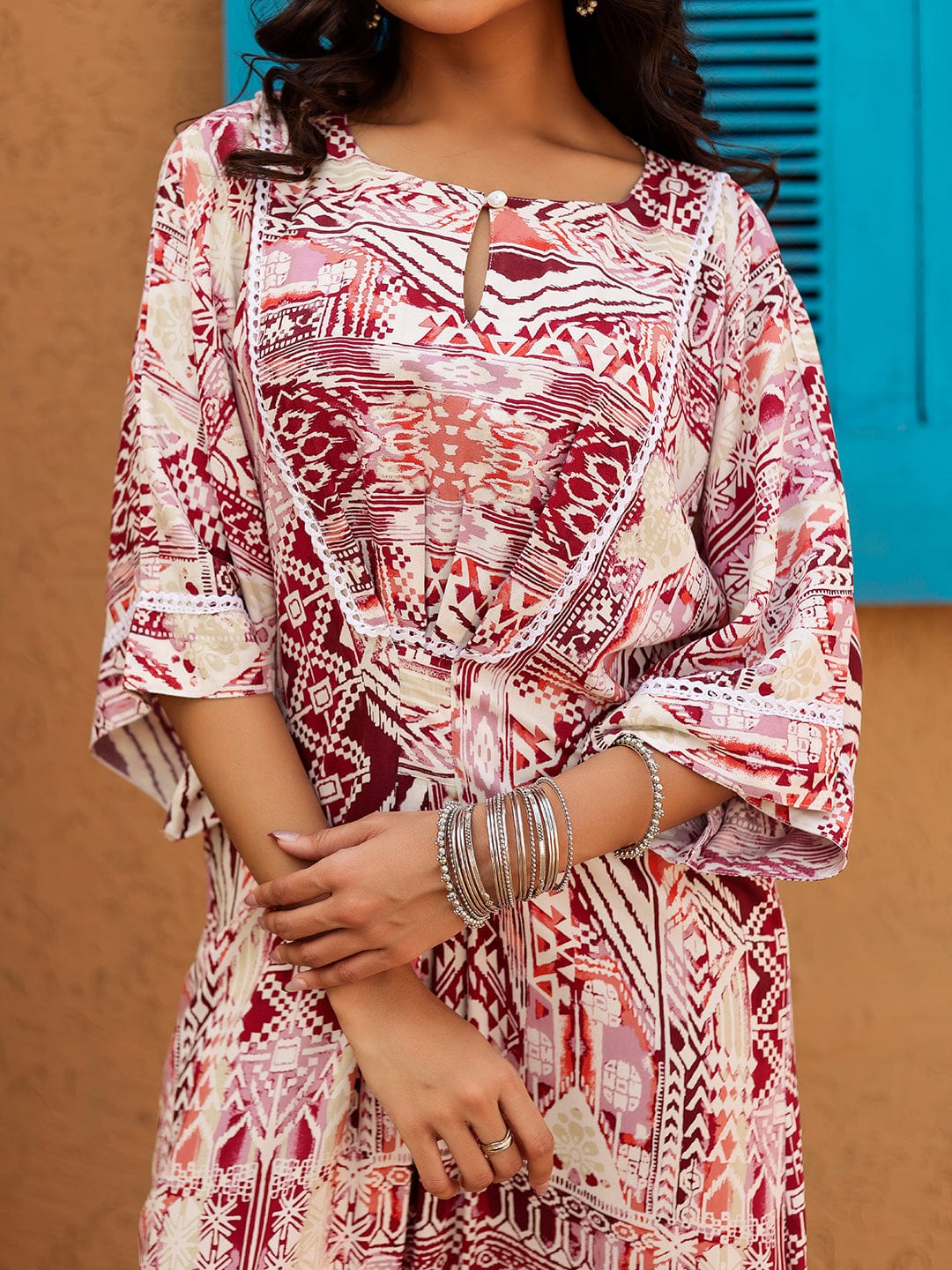 Maroon and Beige Geometric Printed Dress - Image 4