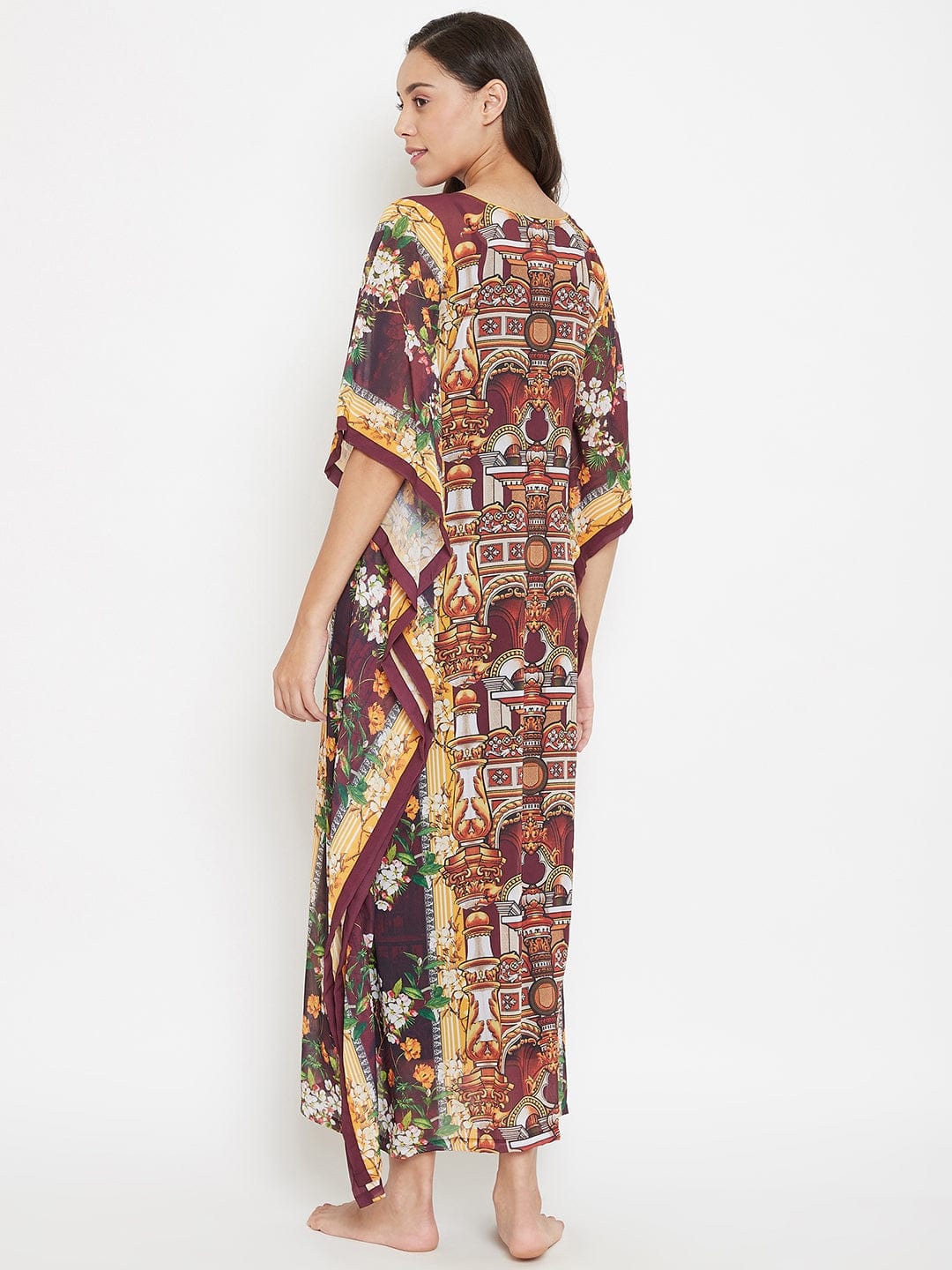Maroon Digital Printed Sheer Kaftan With Slip (Final Sale) - Image 3