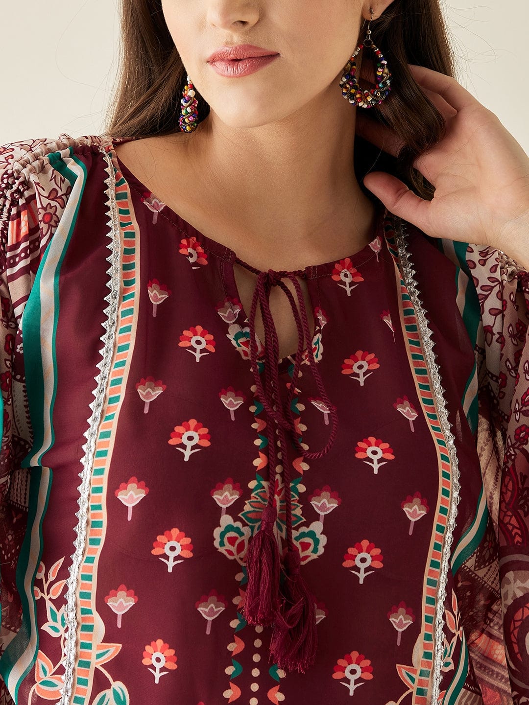 Maroon Floral Printed Kaftan Kurta - Image 5