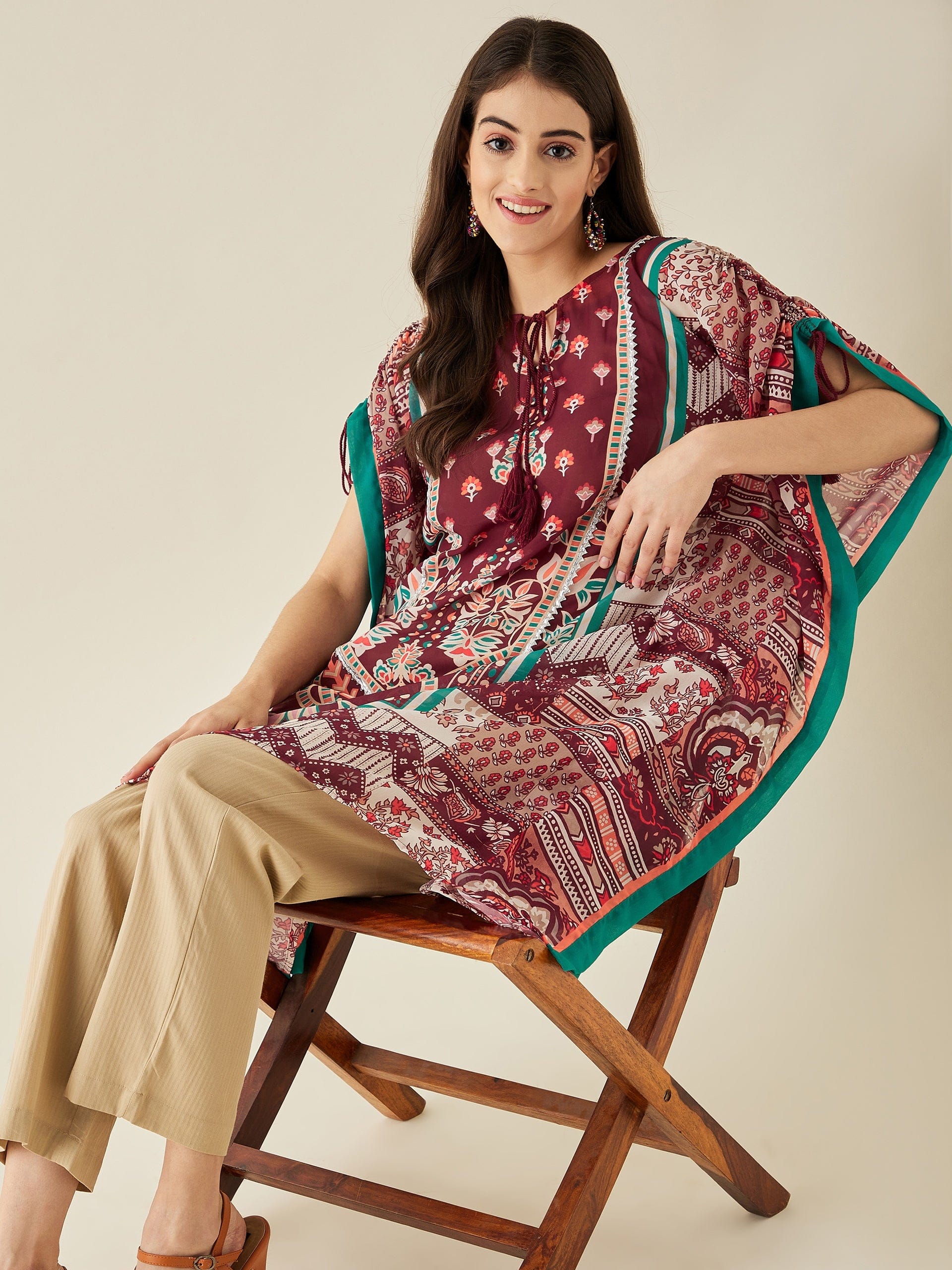Maroon Floral Printed Kaftan Kurta - Image 6