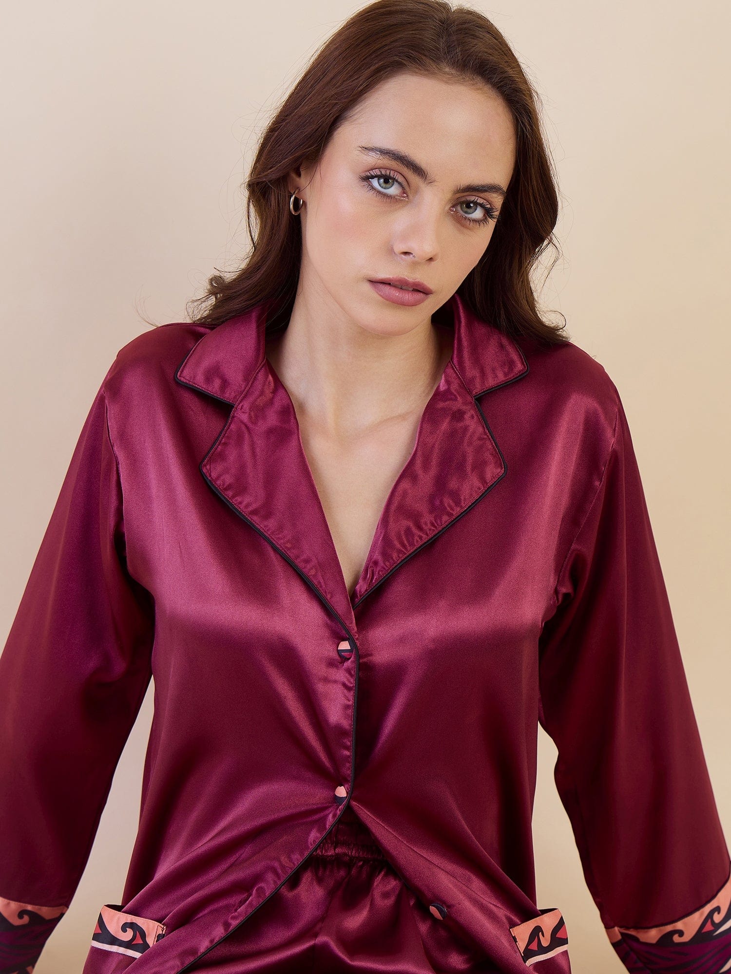 Maroon Satin Nightwear Set - Printed Borders & Ultra-Soft Feel - Image 6