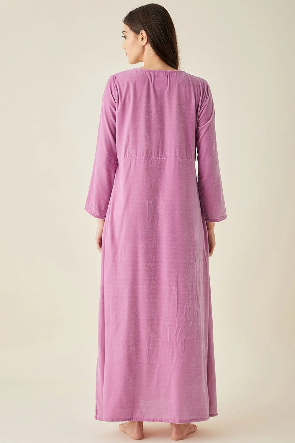 Mauve Velvet Nightdress with Lace Detail Neckline - Image 3