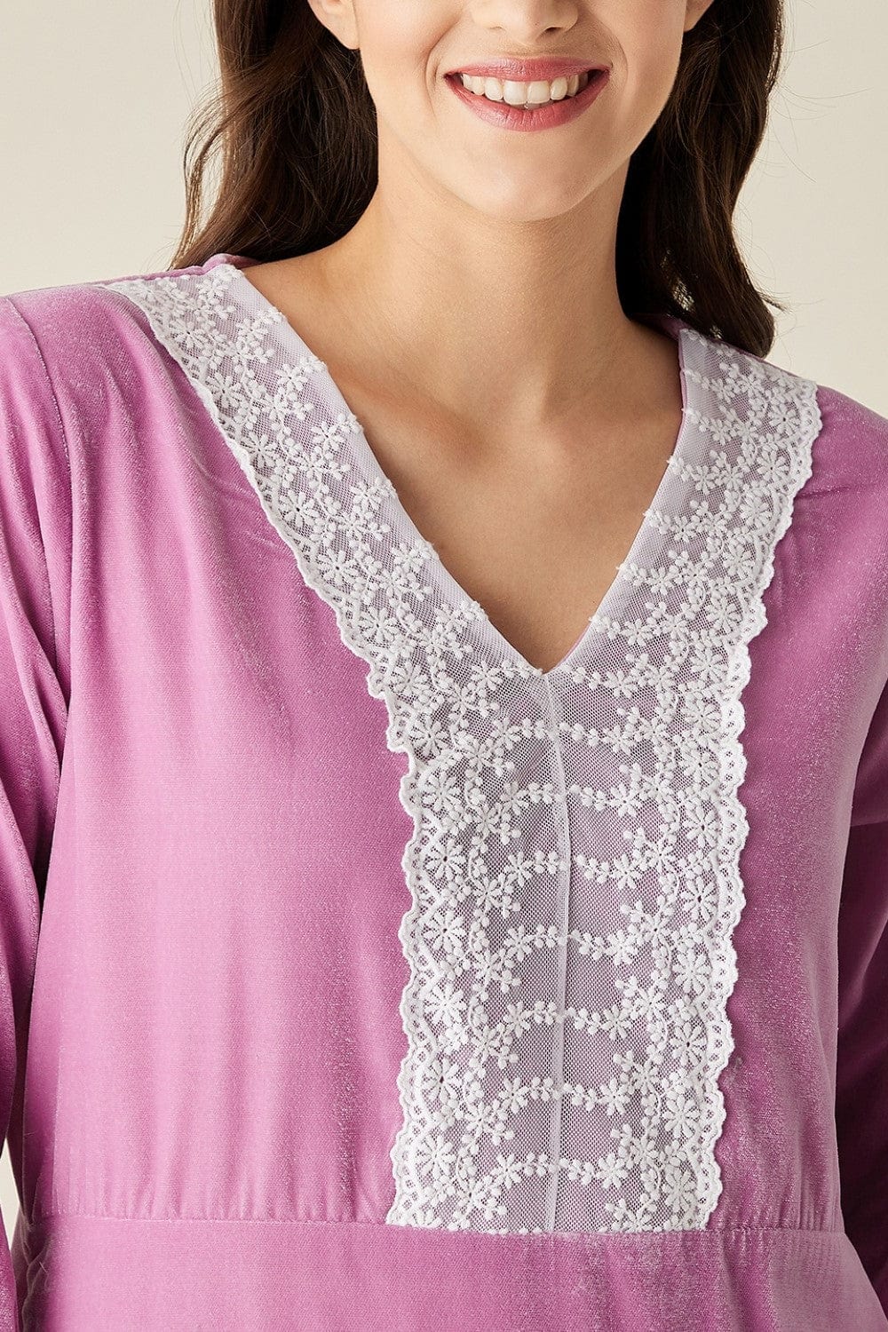 Mauve Velvet Nightdress with Lace Detail Neckline - Image 4