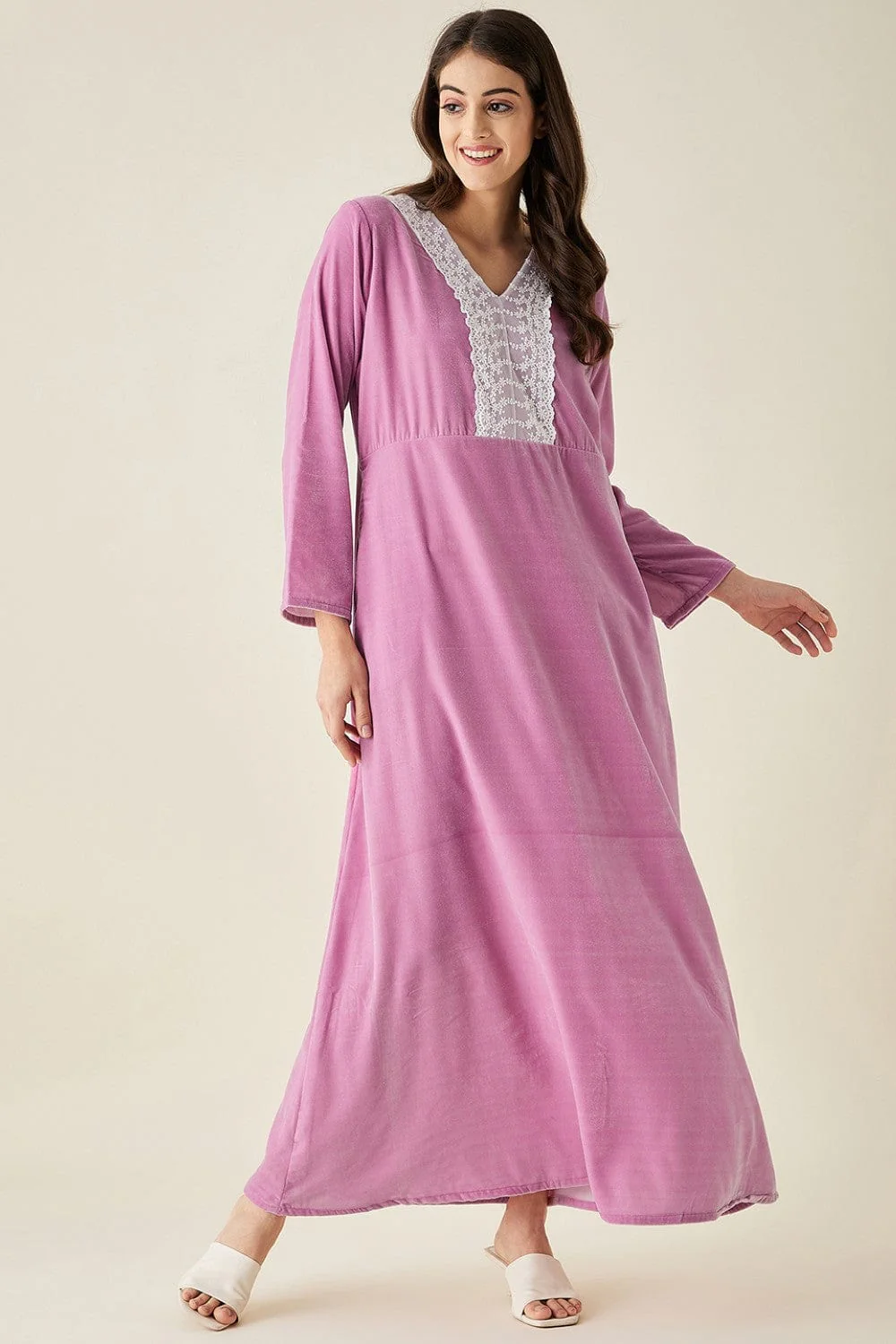Mauve Velvet Nightdress with Lace Detail Neckline - Image 5