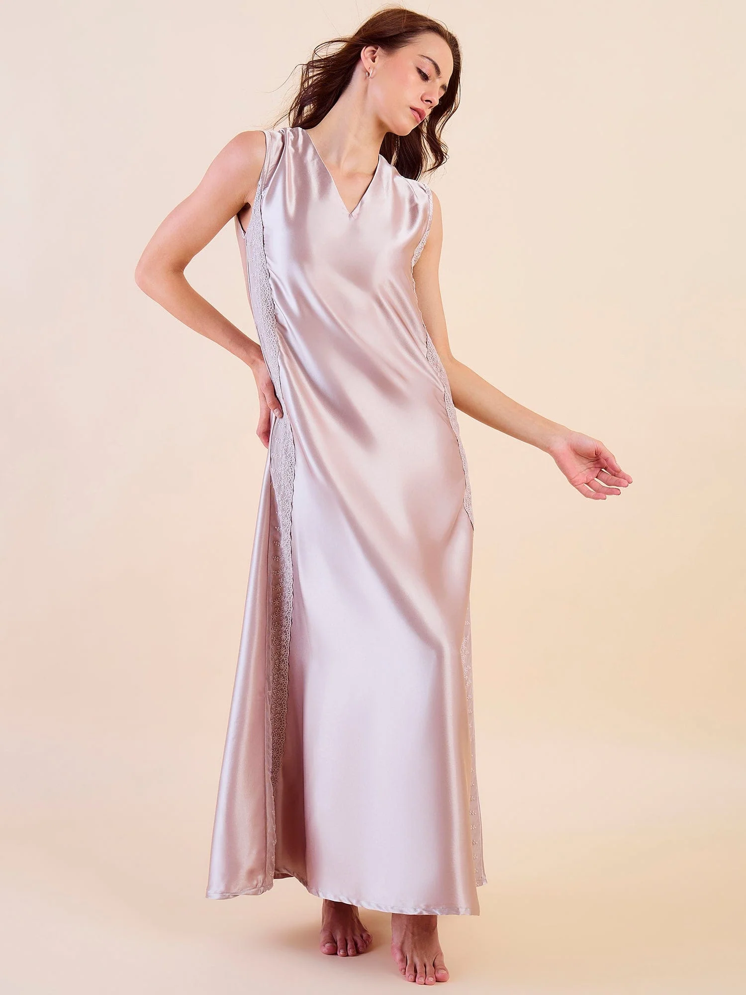 Maxi Satin Luxe Sleeveless Nightdress with Lace Accents - Image 2