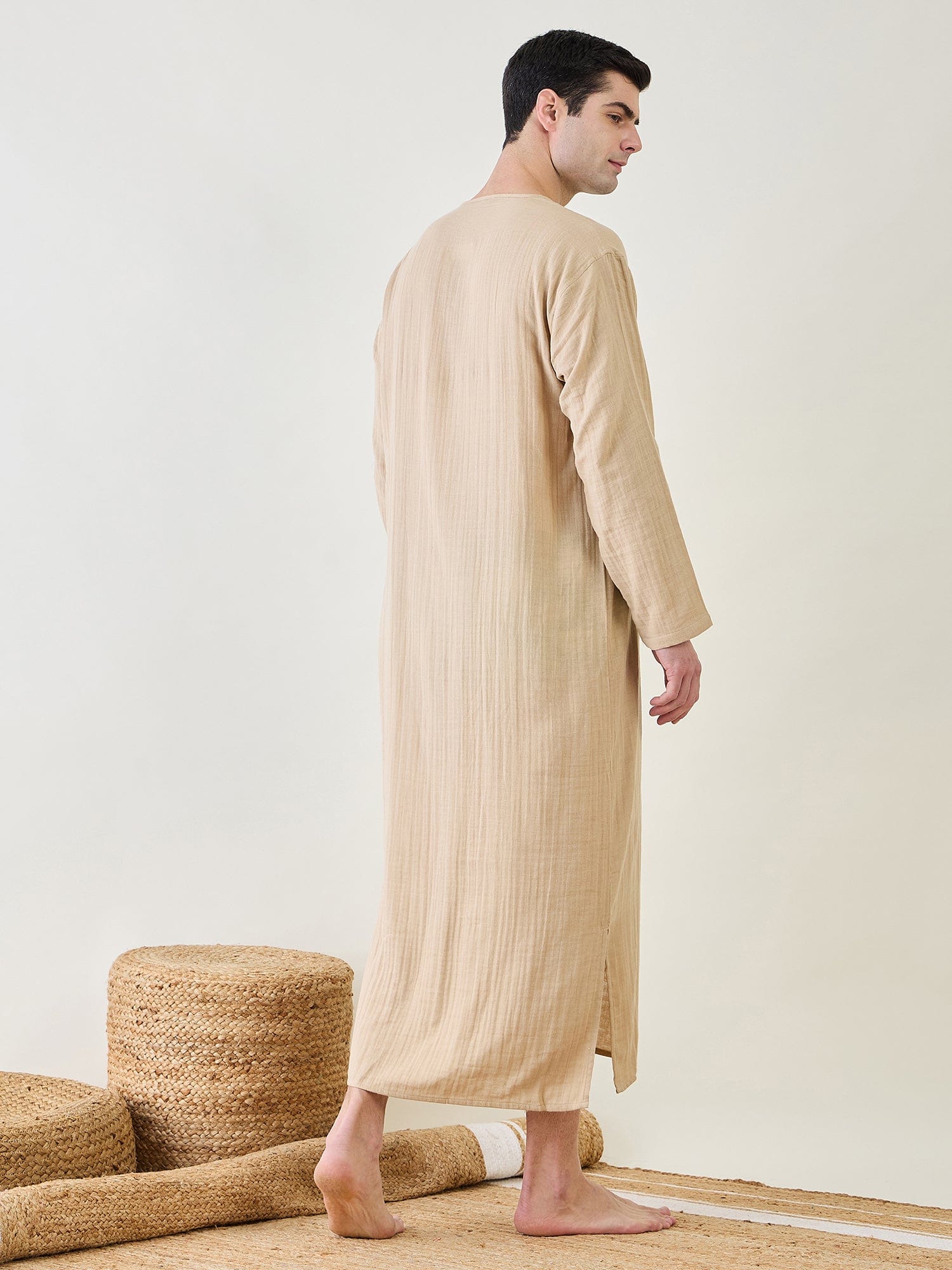 Mens Beige Cotton Kaftan Robe - Image 4