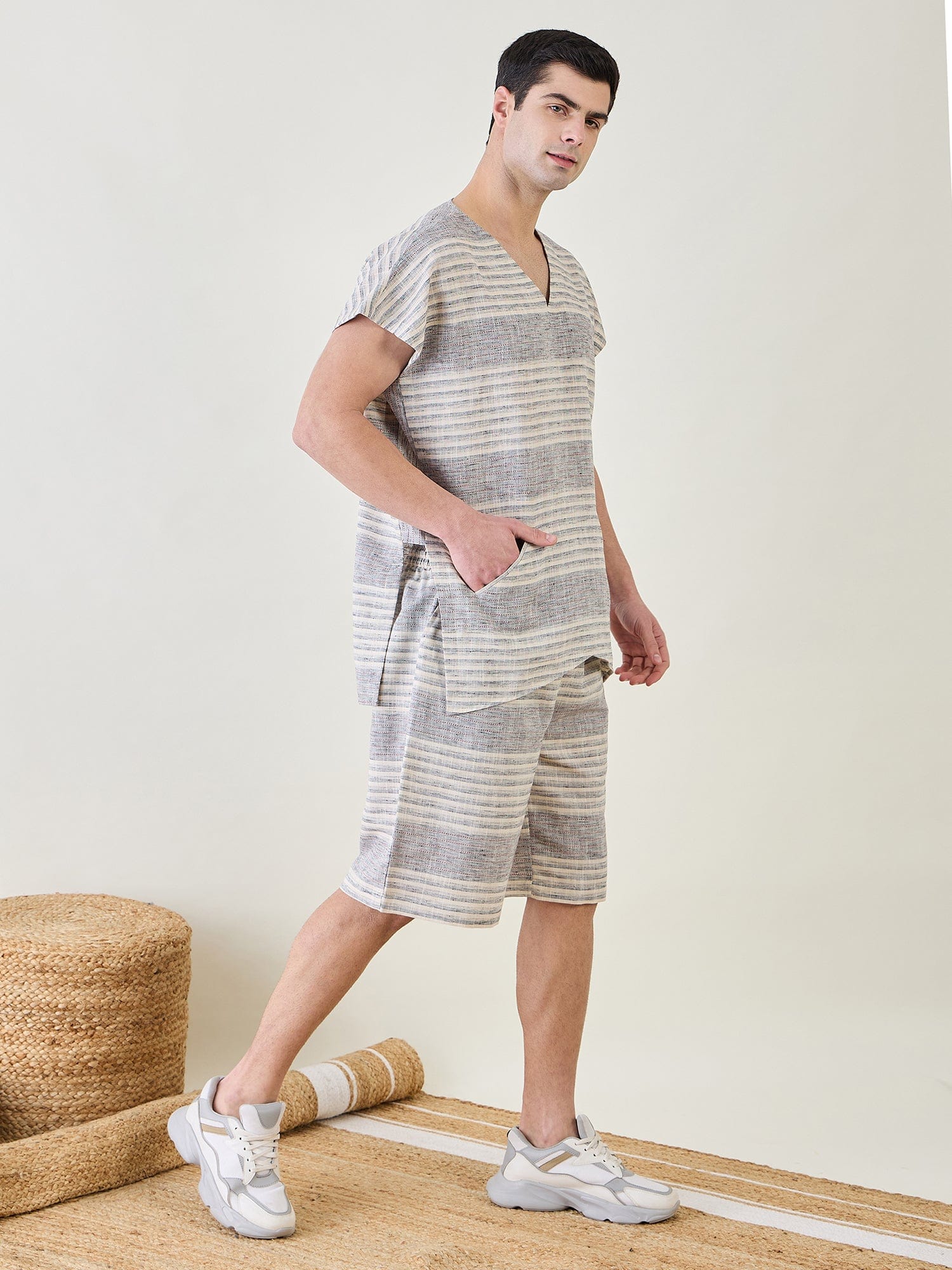 Mens Grey Cotton Kimono Top and Shorts Set - Image 2