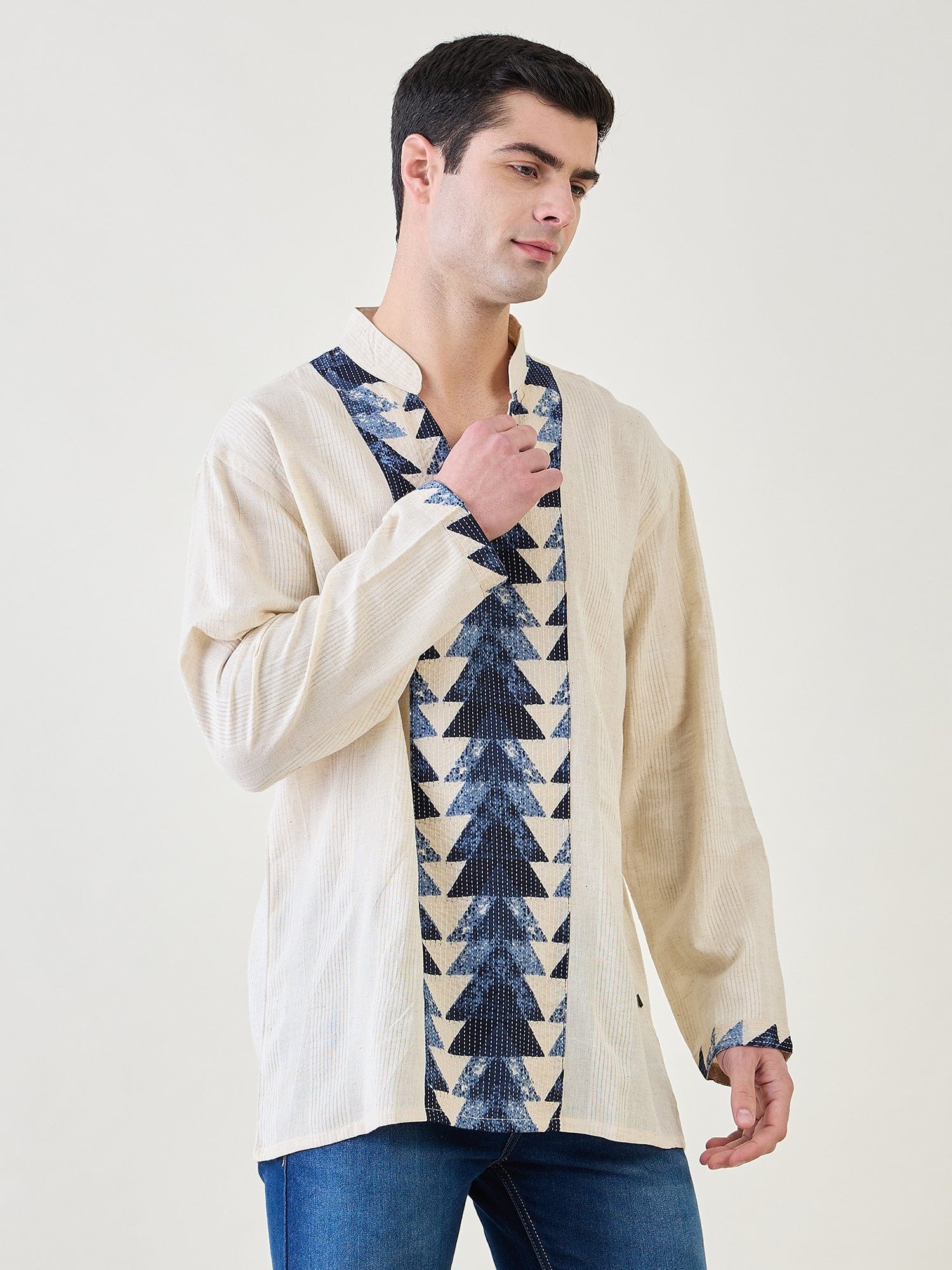 Mens Off-White and Blue Cotton Short Kurta - Image 3