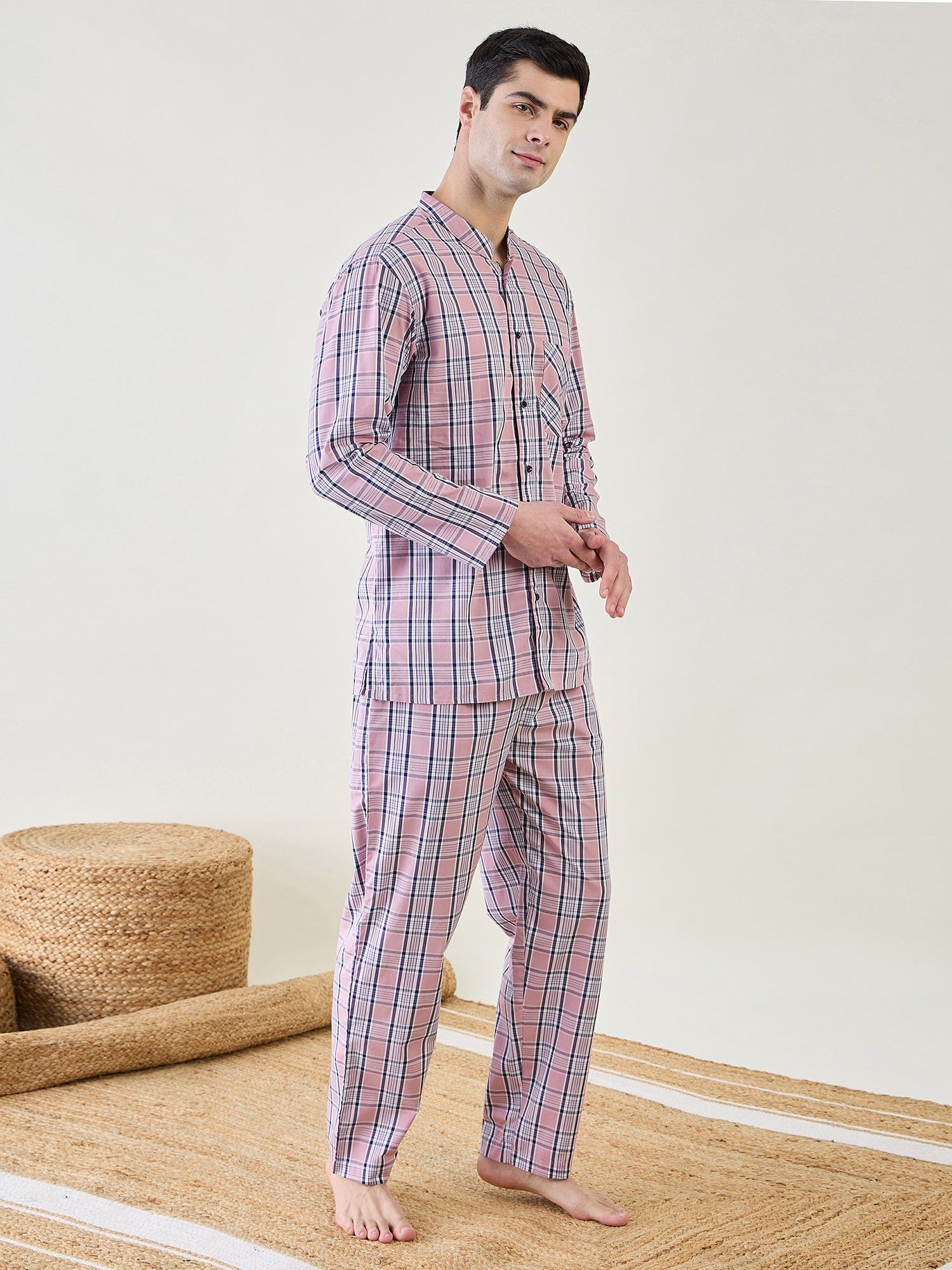 Mens Pink Checks Cotton  Pyjama  Set - Image 3