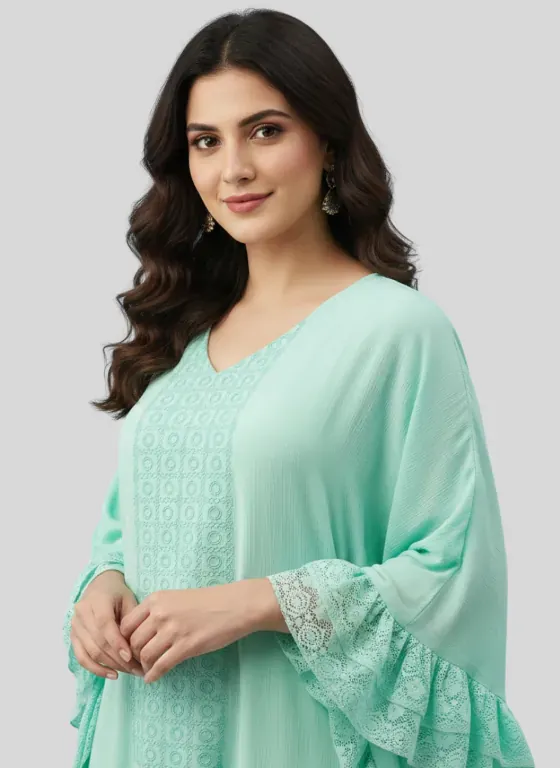 Mint Green Embroidered Cotton Kaftan with Lace Ruffles - Image 3