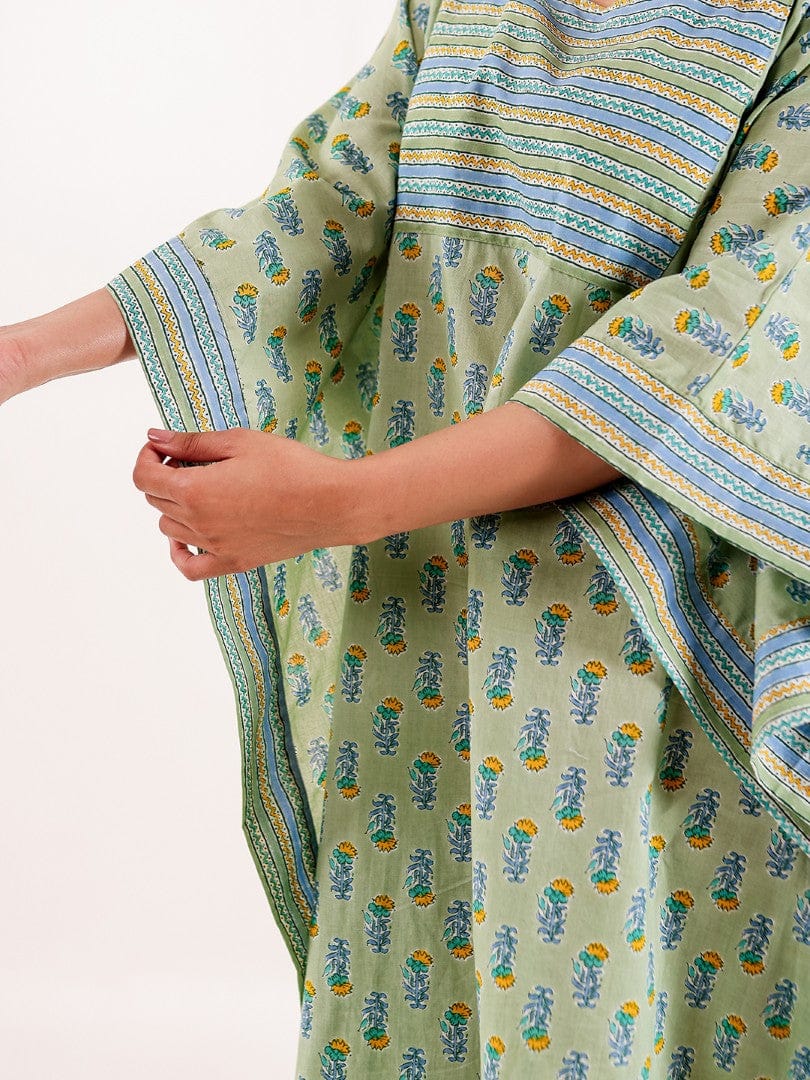 Mint Green Ethnic Buta Printed Cotton Loungewear Kaftan with Border Detail - Image 6