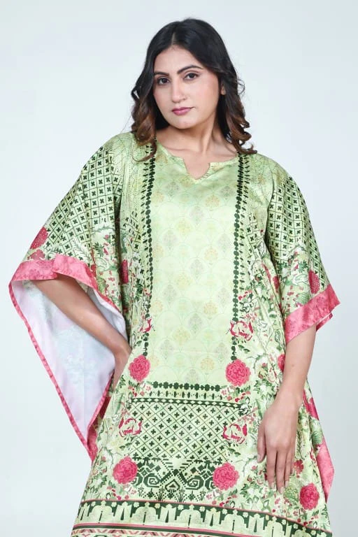 Mint Green Floral Printed Satin Kaftan with Pockets - Image 4