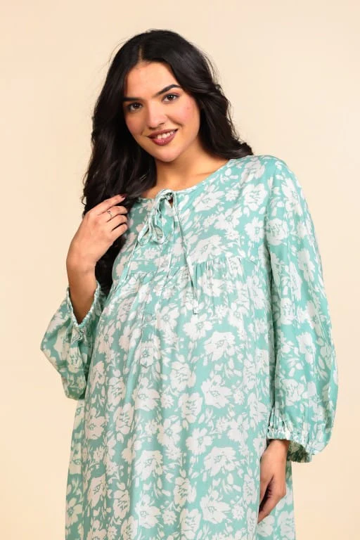 Mint Green Floral Viscose Rayon Maternity Nightdress - Image 3