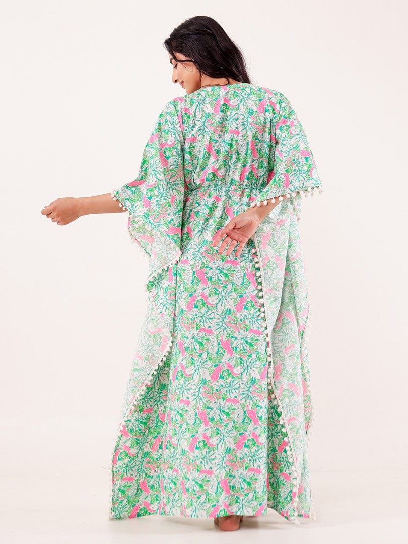 Mint Green & Pink Floral Printed Cotton Kaftan - Image 6