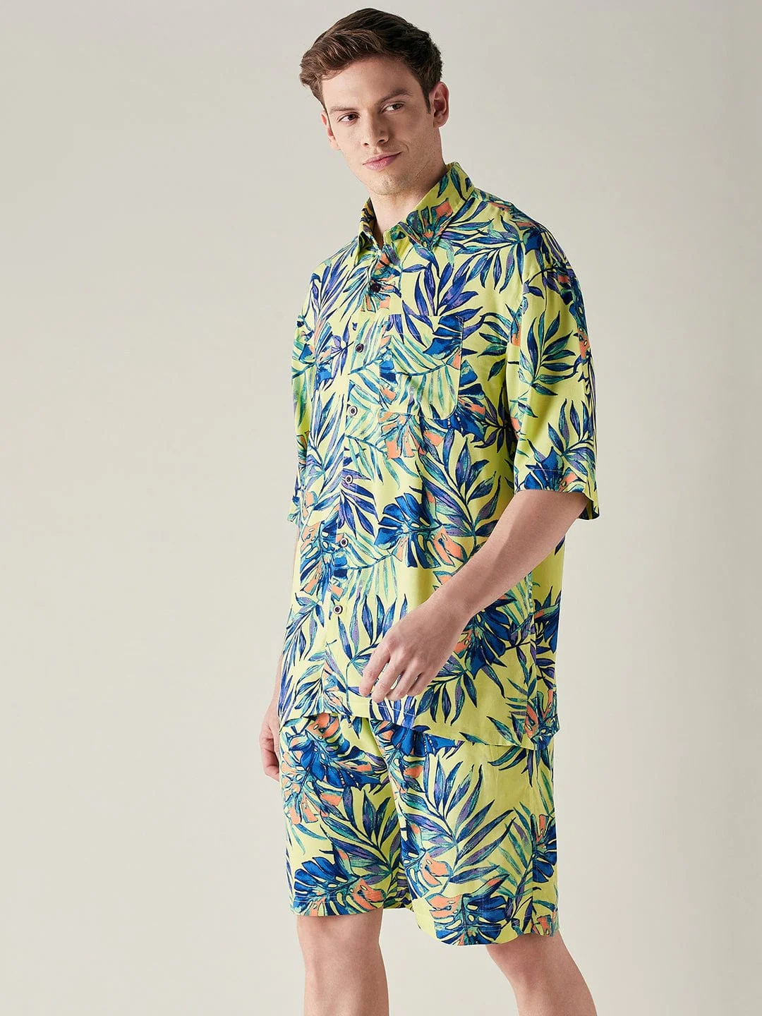 Mens Modal Supersoft Yellow Tropical Print Shorts Set - Image 3