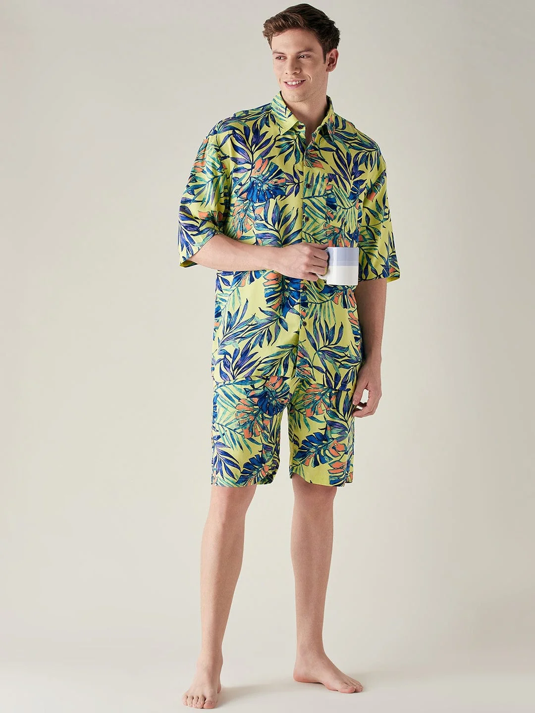Mens Modal Supersoft Yellow Tropical Print Shorts Set - Image 5