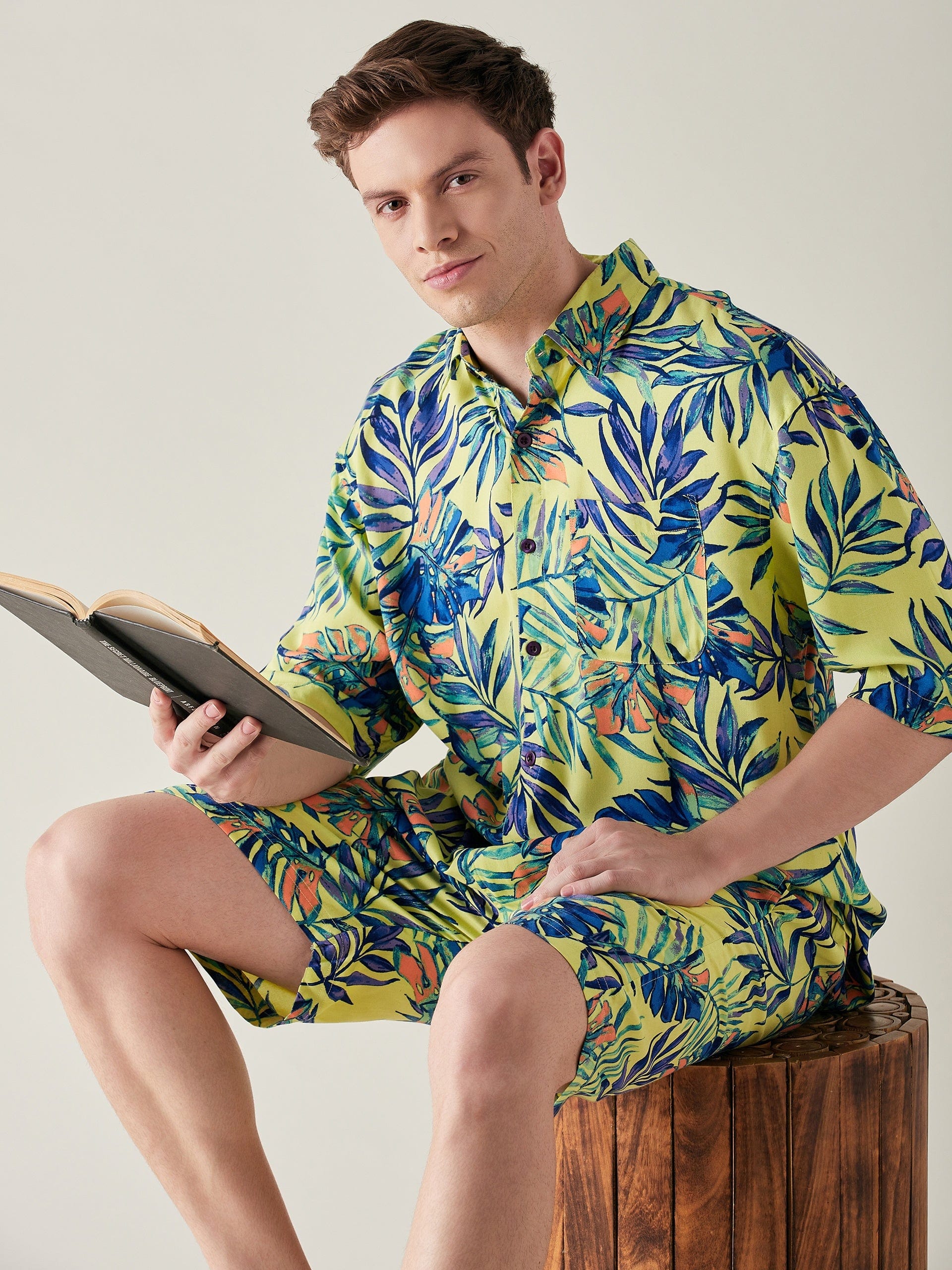 Mens Modal Supersoft Yellow Tropical Print Shorts Set - Image 8