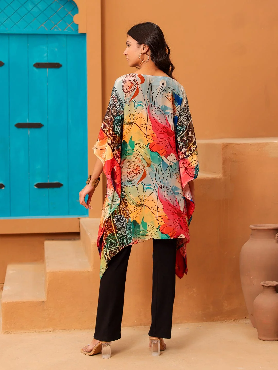Multi-Color Printed Natural Crepe Tunic Top with Keyhole Neck - Image 3