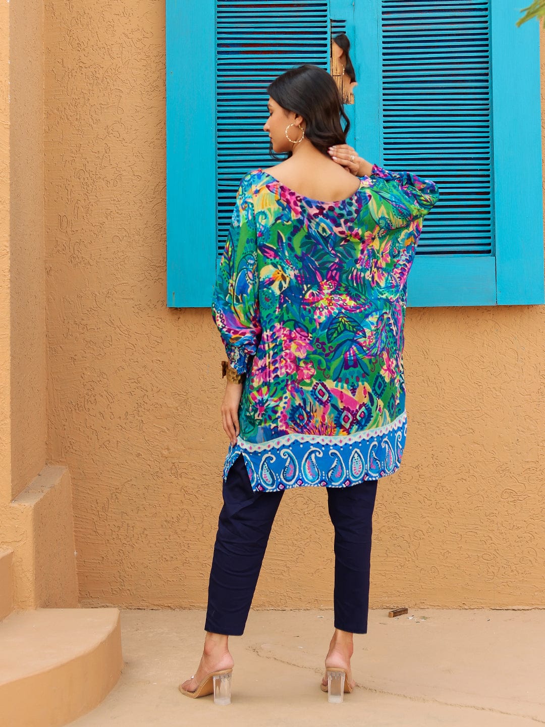 Multi-Color Tropical Printed Natural Crepe Tunic Top - Image 3