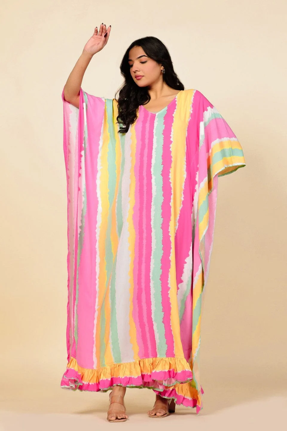 Multi-Color Vertical Striped Kaftan Nightdress with Ruffled Hem